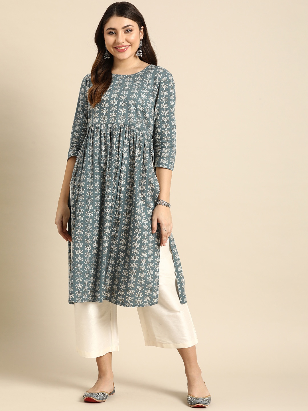 

Anouk Floral Printed High Slit Pure Cotton Kurta, Grey