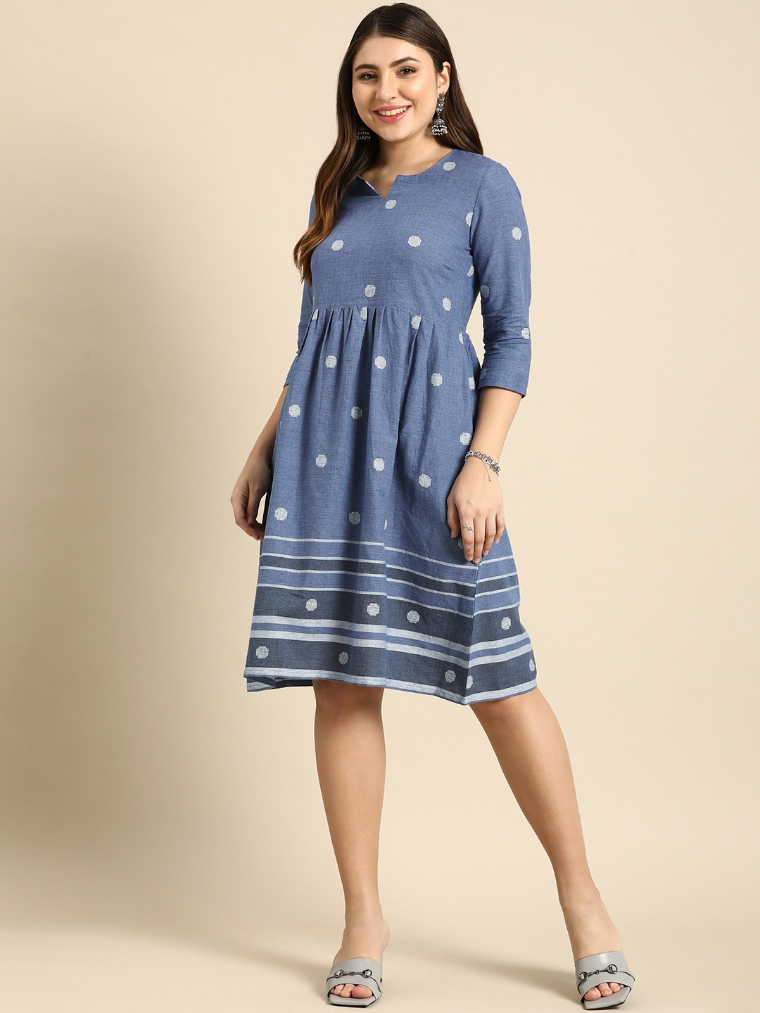 

Anouk Woven Design Pure Cotton Fit & Flare Dress, Blue