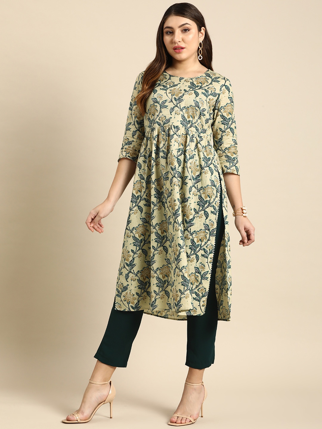 

Anouk Floral Printed High Slit Pure Cotton Kurta, Cream