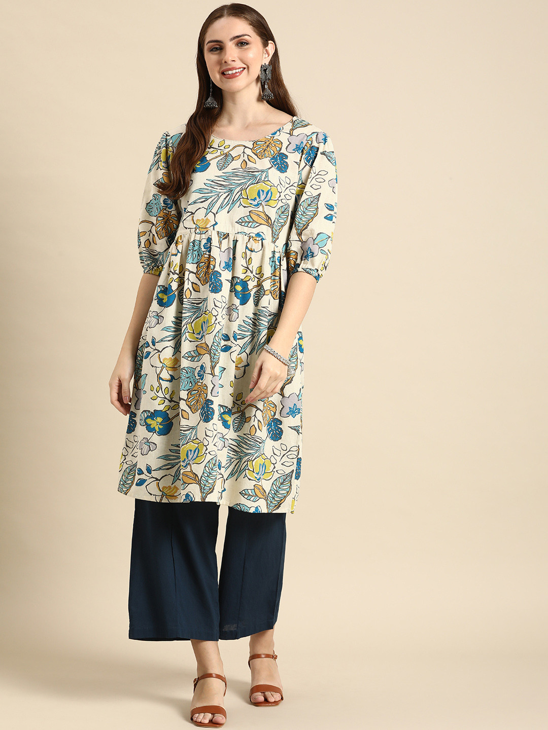 

Anouk Floral Printed Puff Sleeves Kurta, Multi