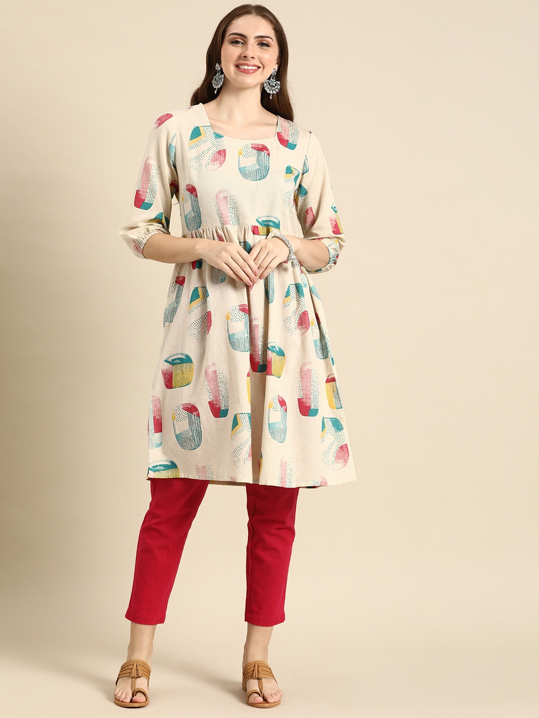 

Anouk Quirky Printed Puff Sleeves Kurta, Multi