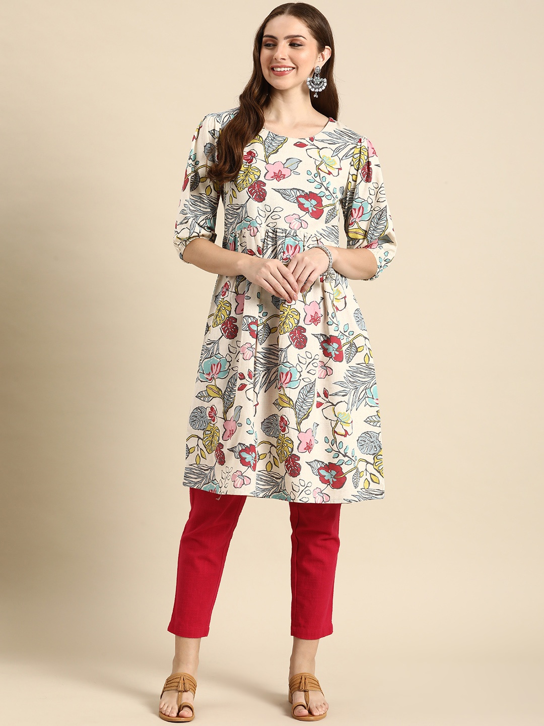 

Anouk Floral Printed Puff Sleeves Kurta, Multi