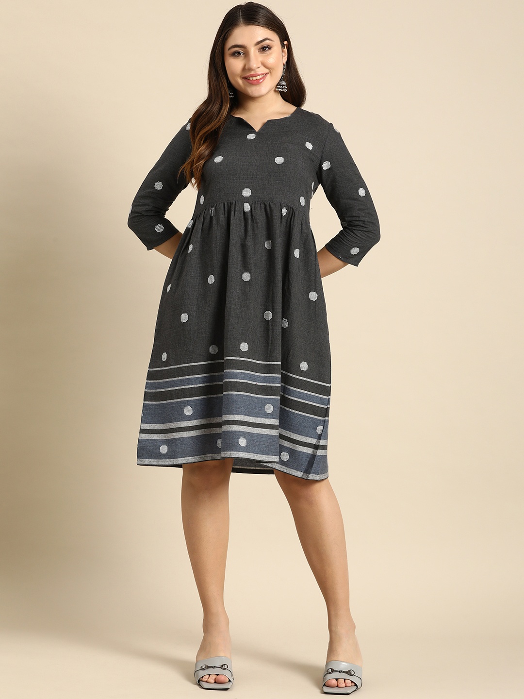 

Anouk Woven Design Sweetheart Neck Pure Cotton Fit & Flare Dress, Black
