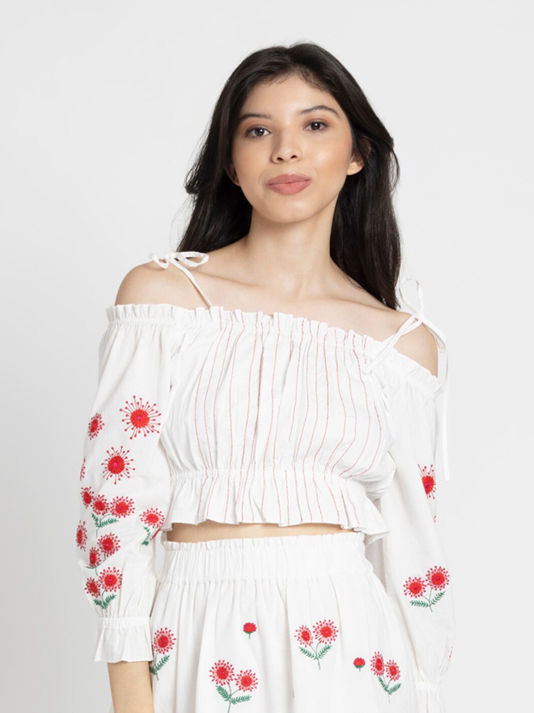 

SHAYE Striped Off-Shoulder Cotton Bardot Top, White