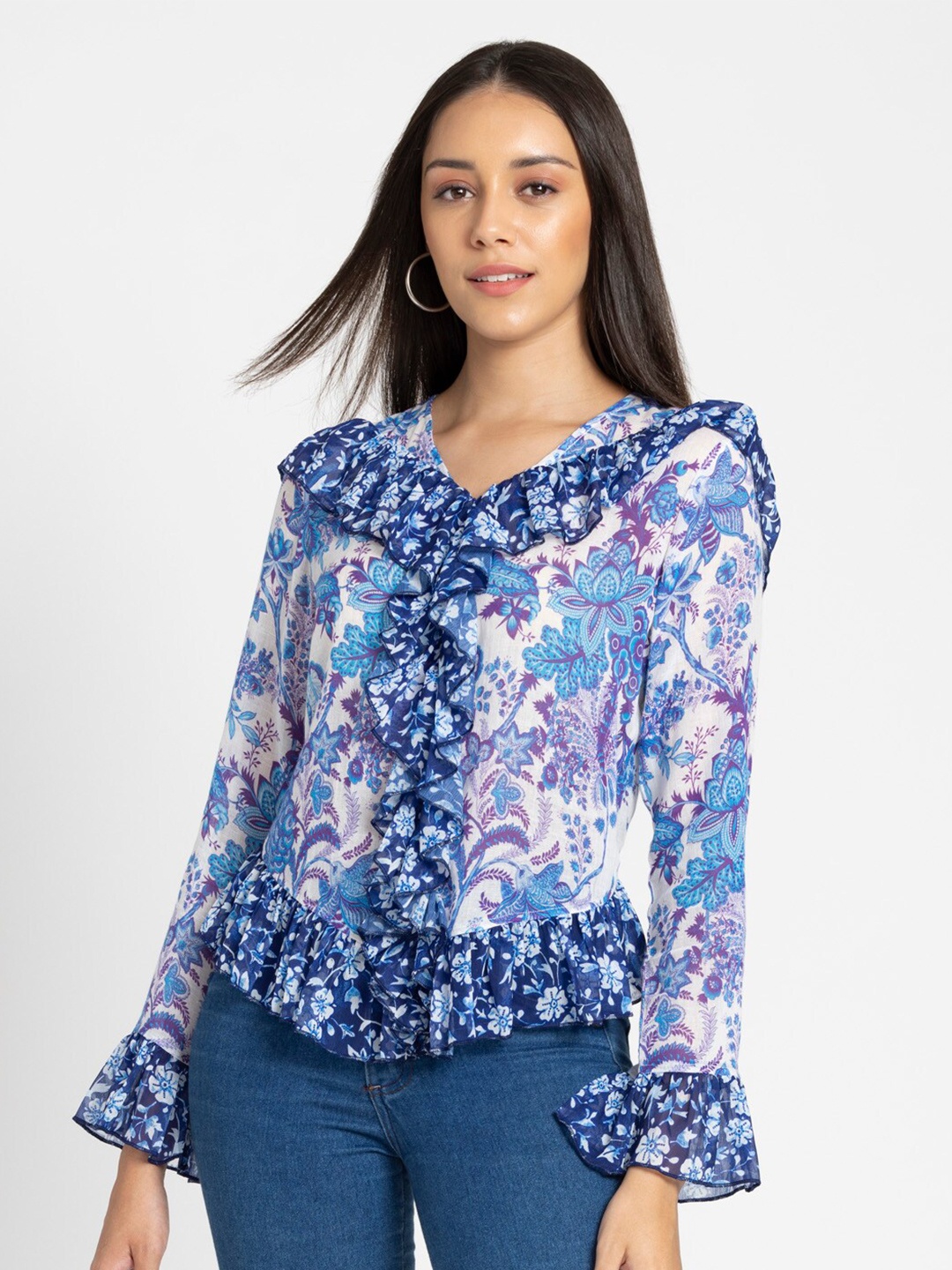 

SHAYE Floral Printed Bell Sleeves Ruffles Pure Cotton Top, Blue