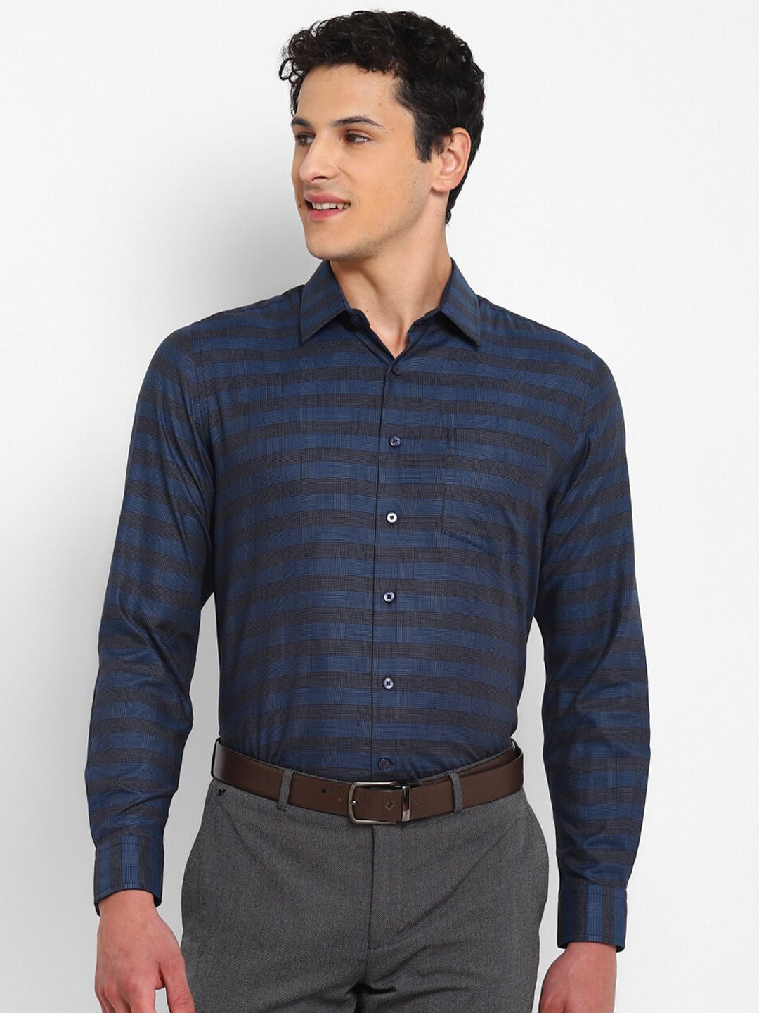 

TOP BRASS Horizontal Striped Spread Collar Regular Fit Cotton Formal Shirt, Blue