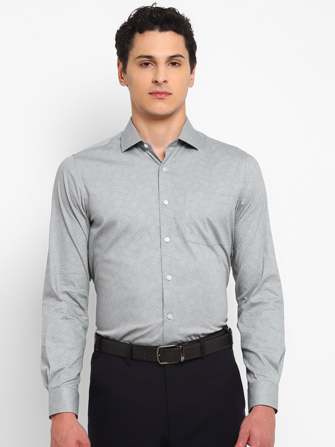 

TOP BRASS Geometric Printed Slim Fit Spread Collar Formal Shirt, Grey