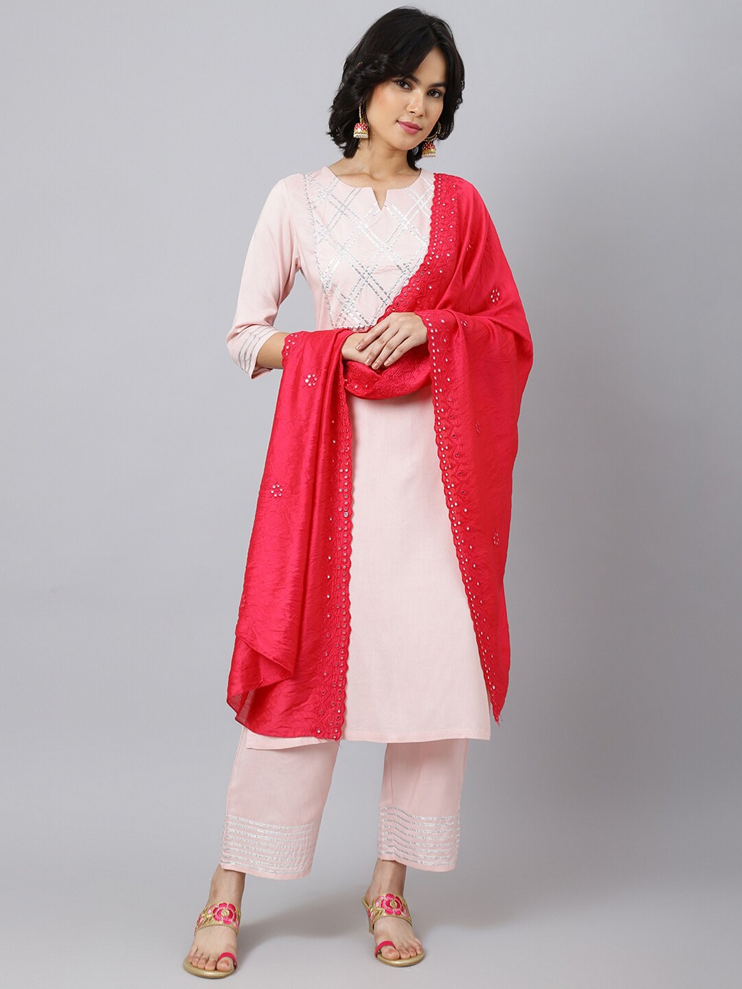 

Khushal K Yoke Design Regular Gotta Patti Kurta With Trousers & Dupatta, Pink