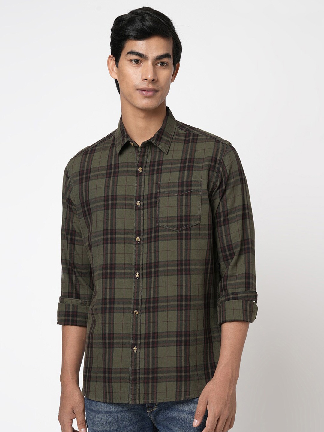 

BEAT LONDON by PEPE JEANS Slim Fit Tartan Checks Pure Cotton Casual Shirt, Green