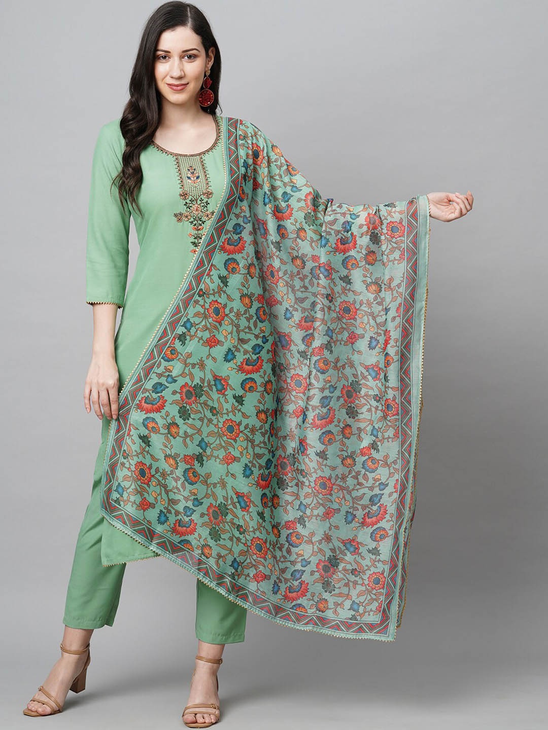 

KALINI Floral Yoke Design Thread Work Straight Kurta With Trousers & Dupatta, Green