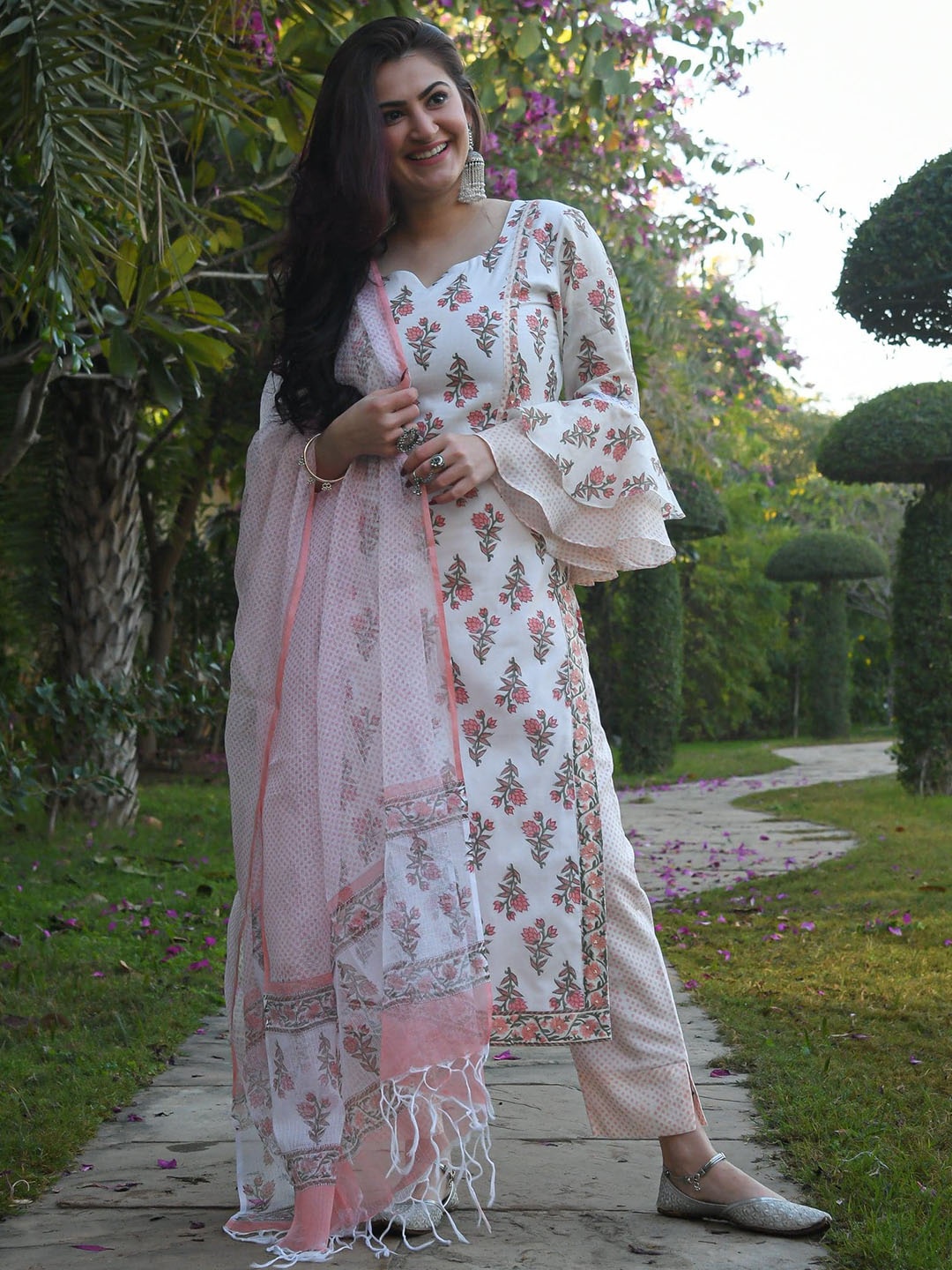 

KALINI Floral Printed Sweetheart Neck Bell Sleeves Kurta With Trousers & Dupatta, White