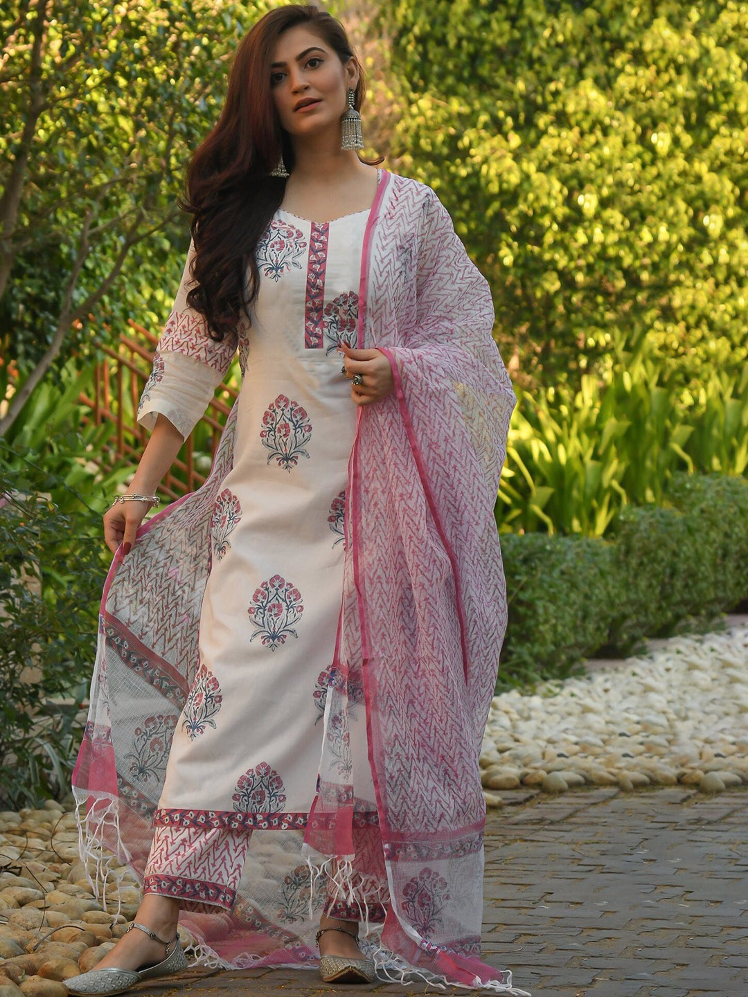 

KALINI Floral Printed V-Neck Straight Kurta With Trousers & Dupatta, White