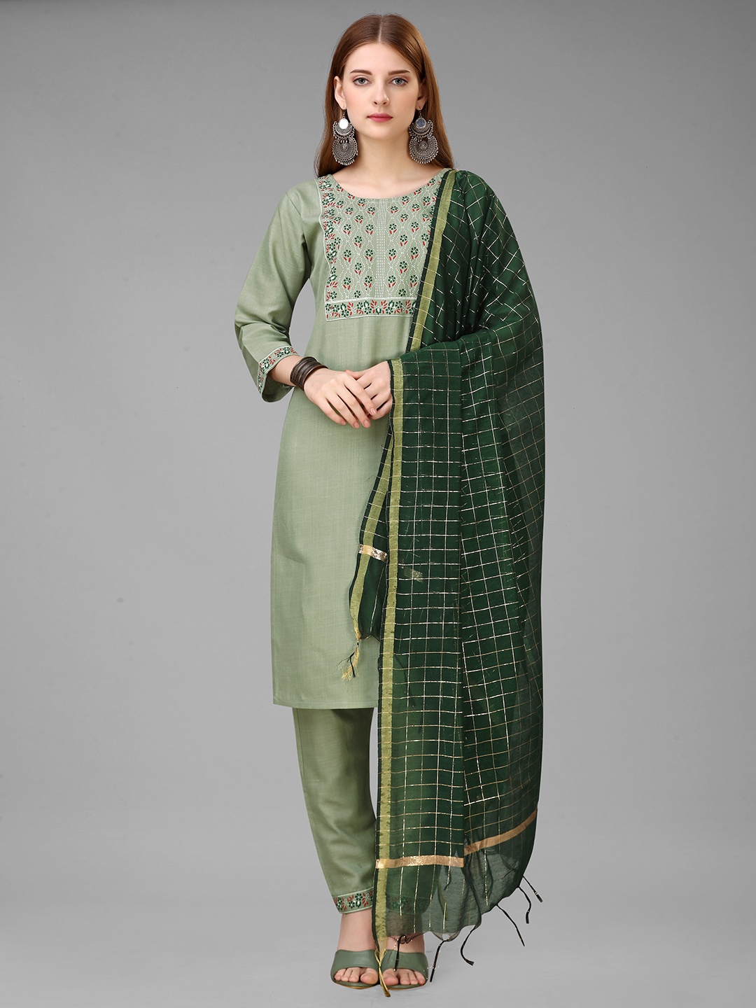 

KALINI Thread Work Detail Straight Kurta & Trousers With Dupatta, Green