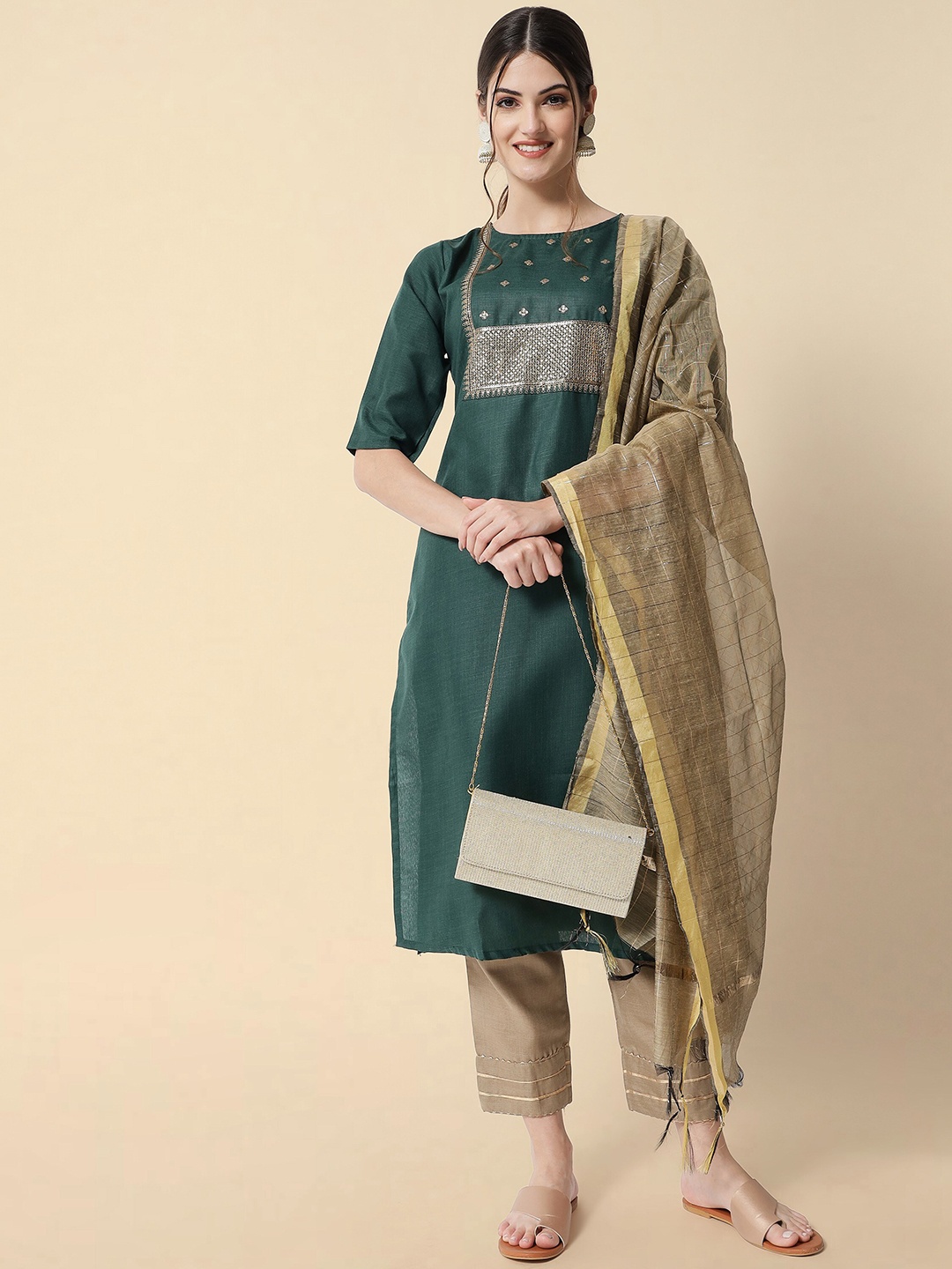 

KALINI Ethnic Motifs Embroidered Sequinned Kurta With Trousers & Dupatta, Green