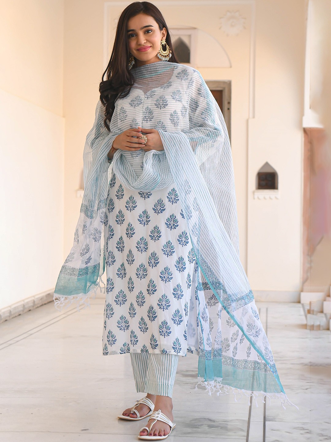 

KALINI Ethnic Motifs Printed Straight Kurta With Trousers & Dupatta, White