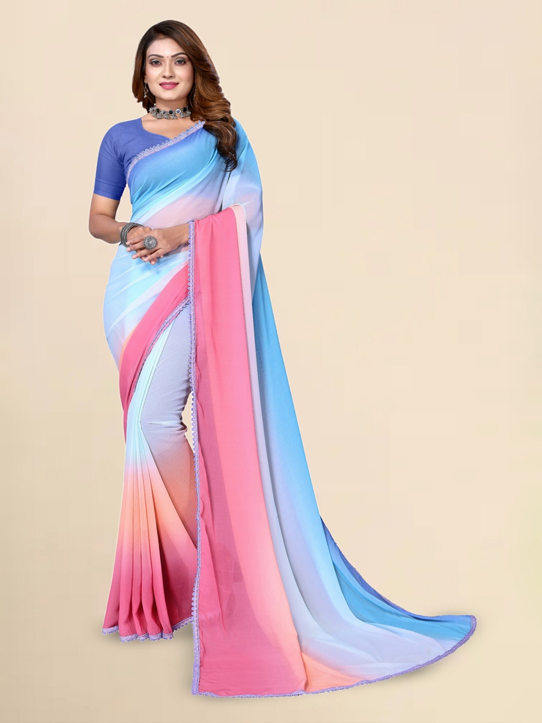 

Mitera Ombre Printed Pure Georgette Saree With Blouse Piece, Blue