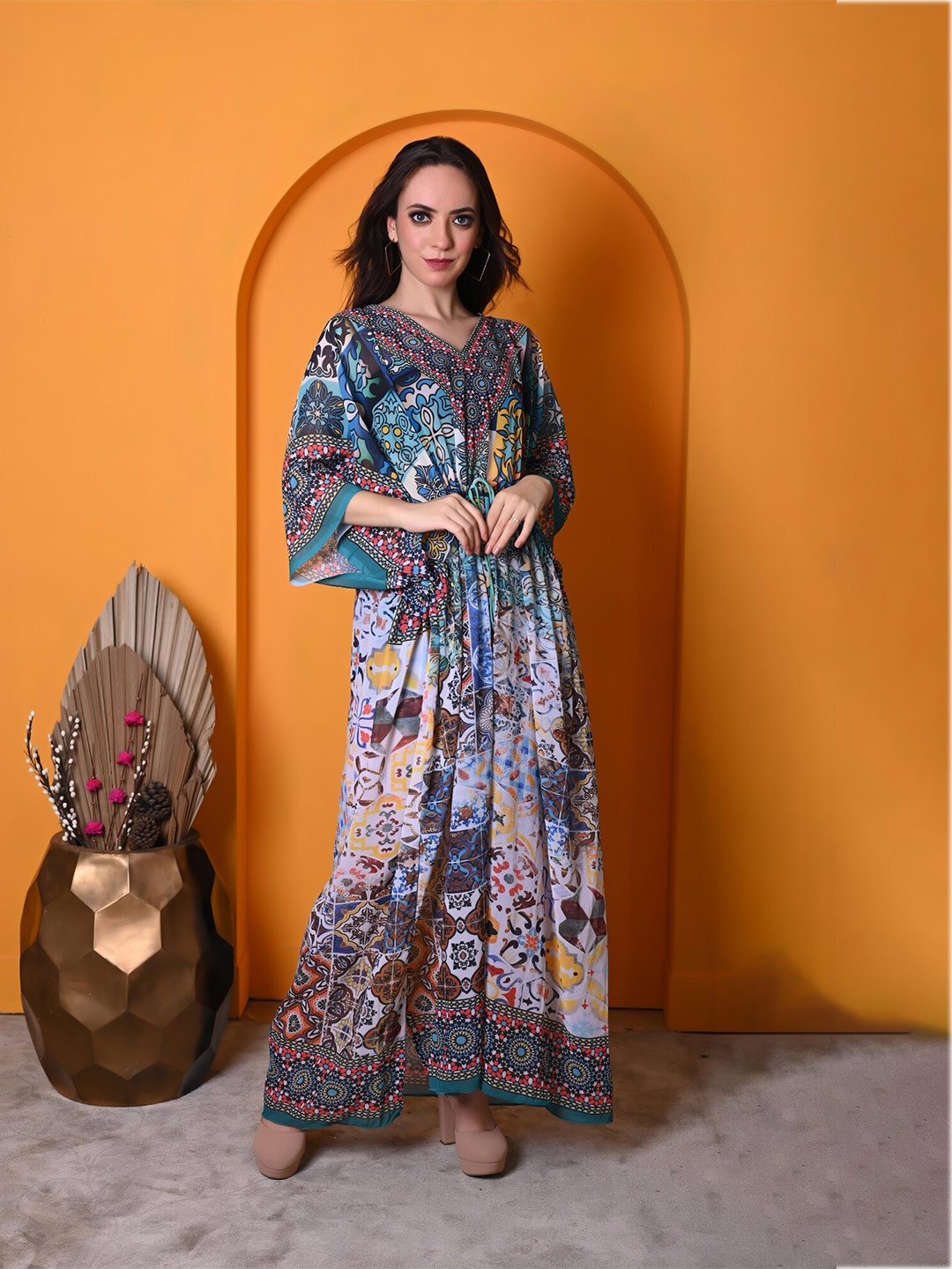 

Rajoria Instyle Ethnic Motifs Printed V-Neck Gathered Georgette Kaftan Maxi Dress, Green