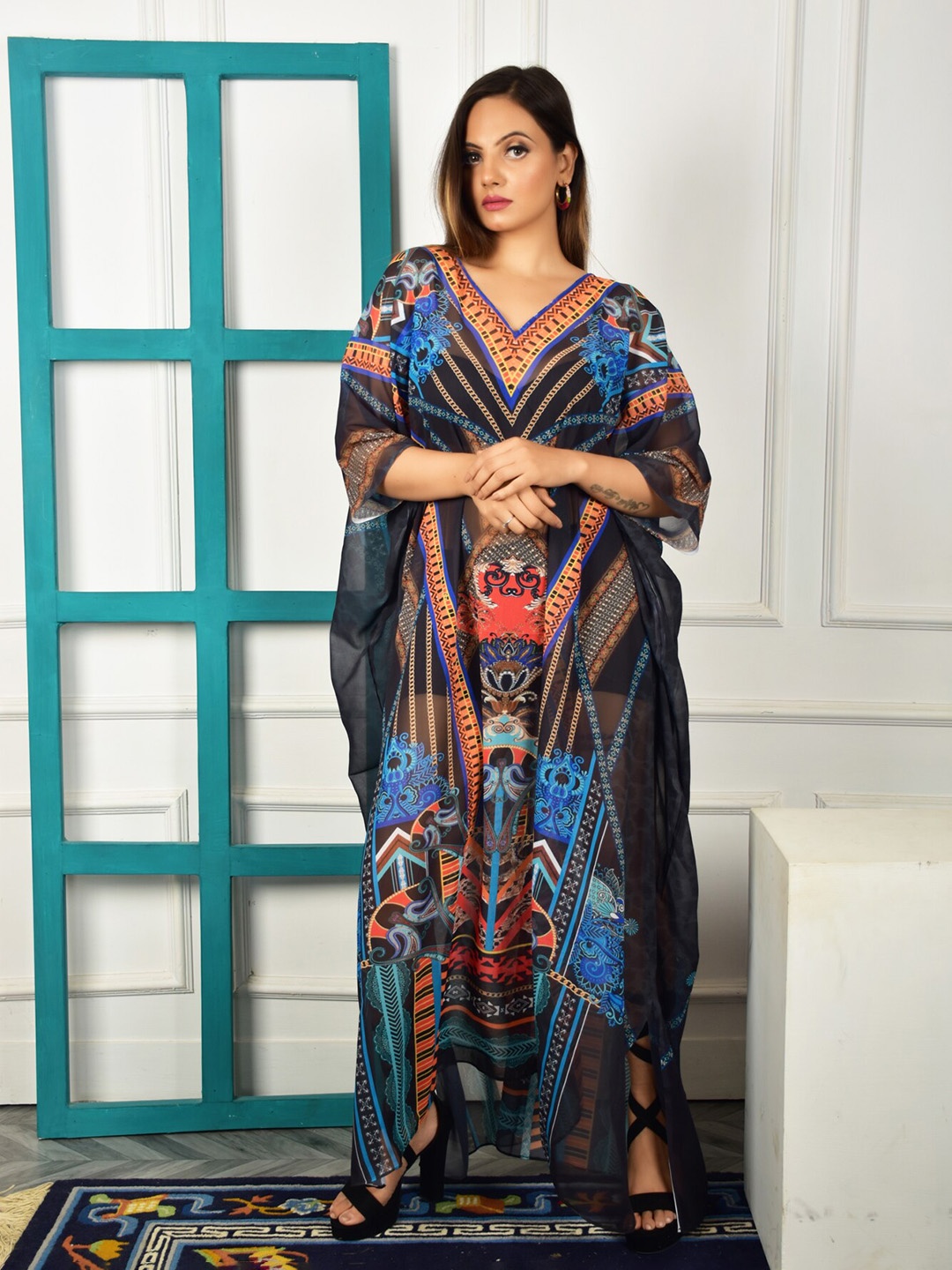 Rajoria Instyle Abstract Printed V-Neck Kimono Sleeve Georgette Kaftan Dress, Black