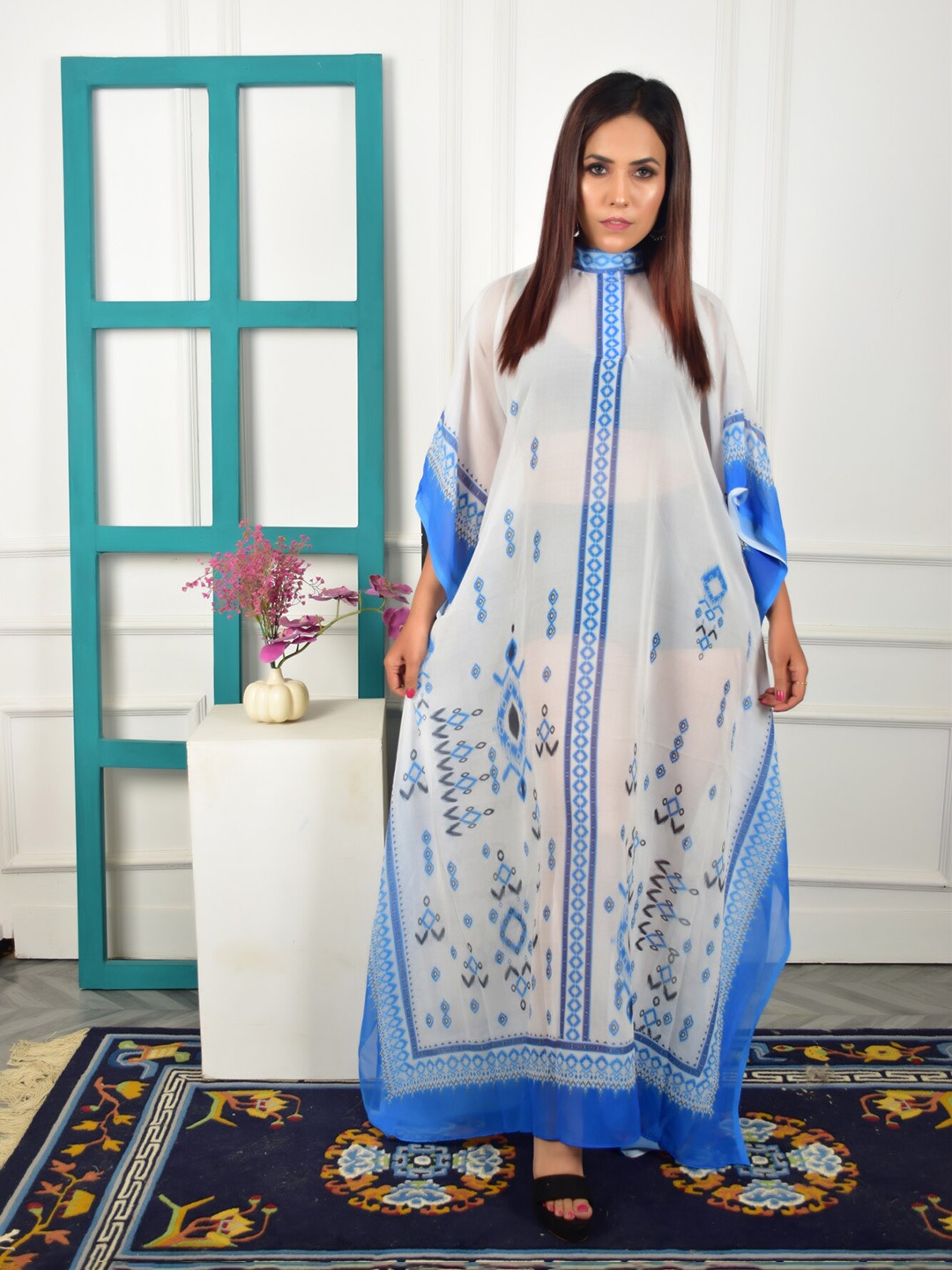

Rajoria Instyle Ethnic Motif Printed High Neck Kimono Sleeve Georgette Kaftan Dress, Blue