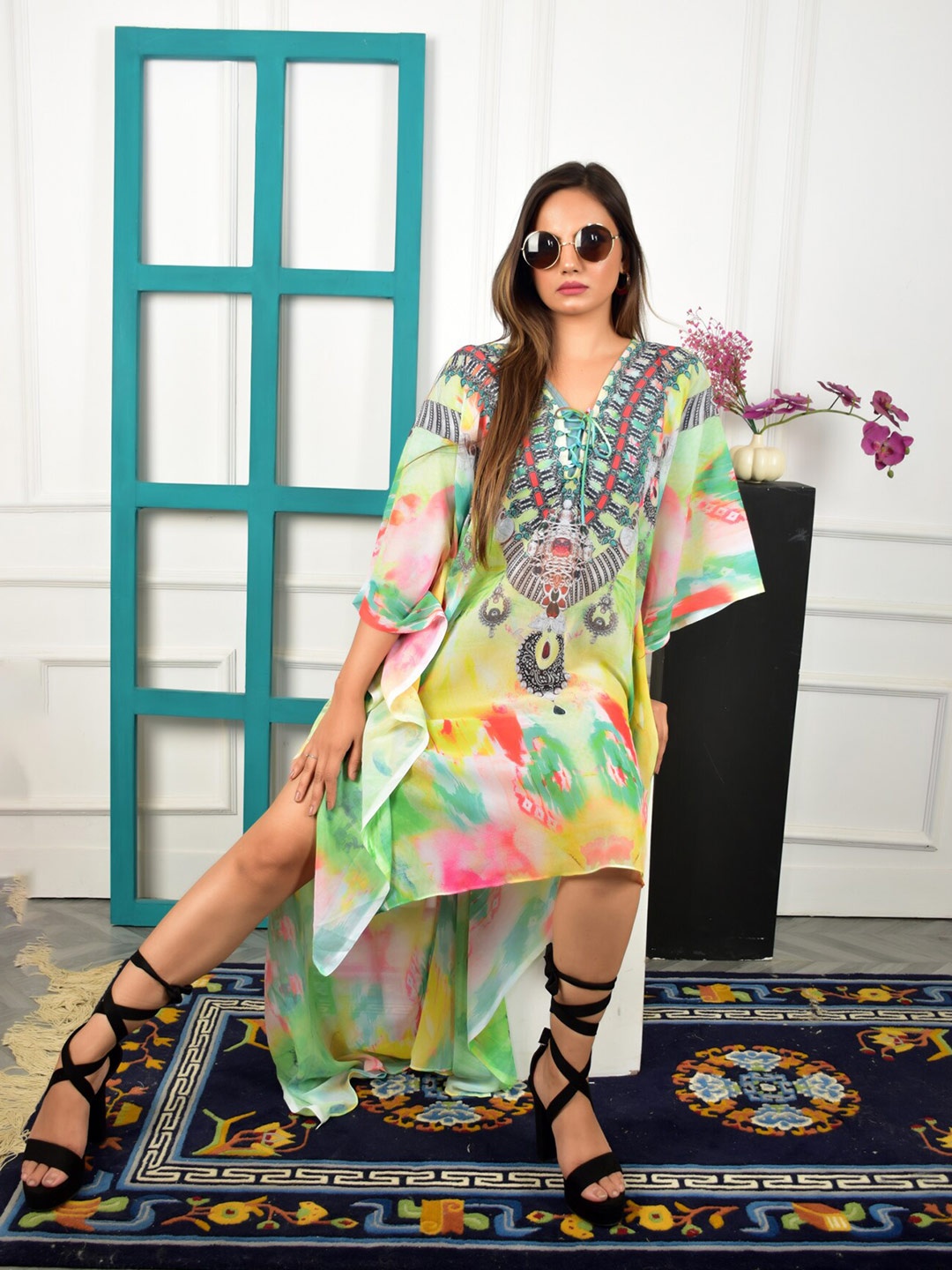 

Rajoria Instyle Ethnic Motifs Printed V-Neck Gathered Georgette Kaftan Dress, Yellow