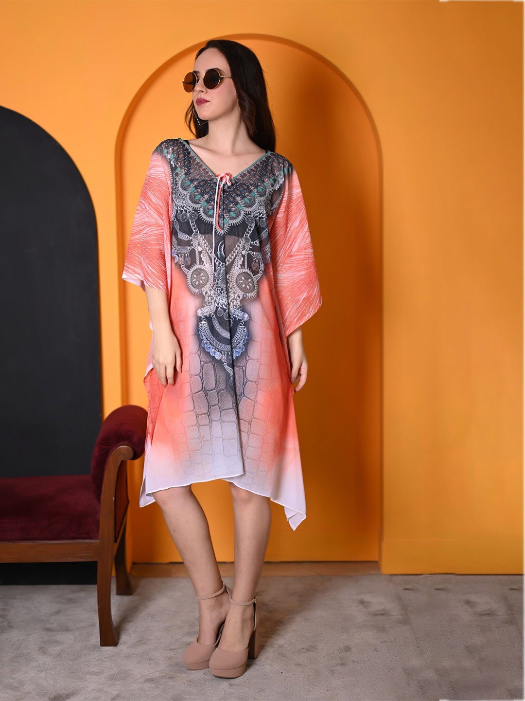 

Rajoria Instyle Abstract Printed Kaftan Knee Length Dress, Black