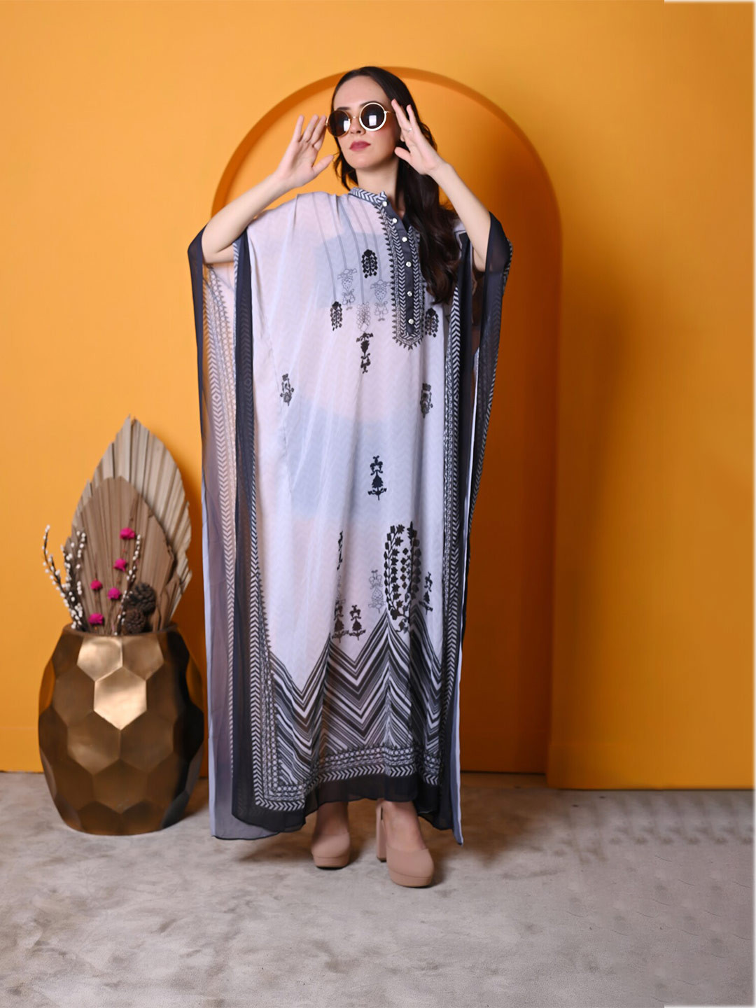 

Rajoria Instyle Ethnic Motifs Printed Mandarin Collar Gathered Georgette Kaftan Maxi Dress, White