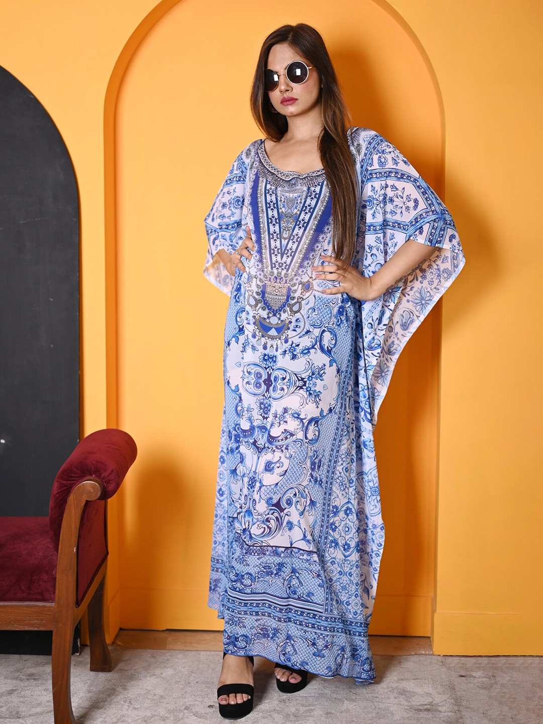 

Rajoria Instyle Ethnic Motif Printed Kaftan Maxi Dress, Blue