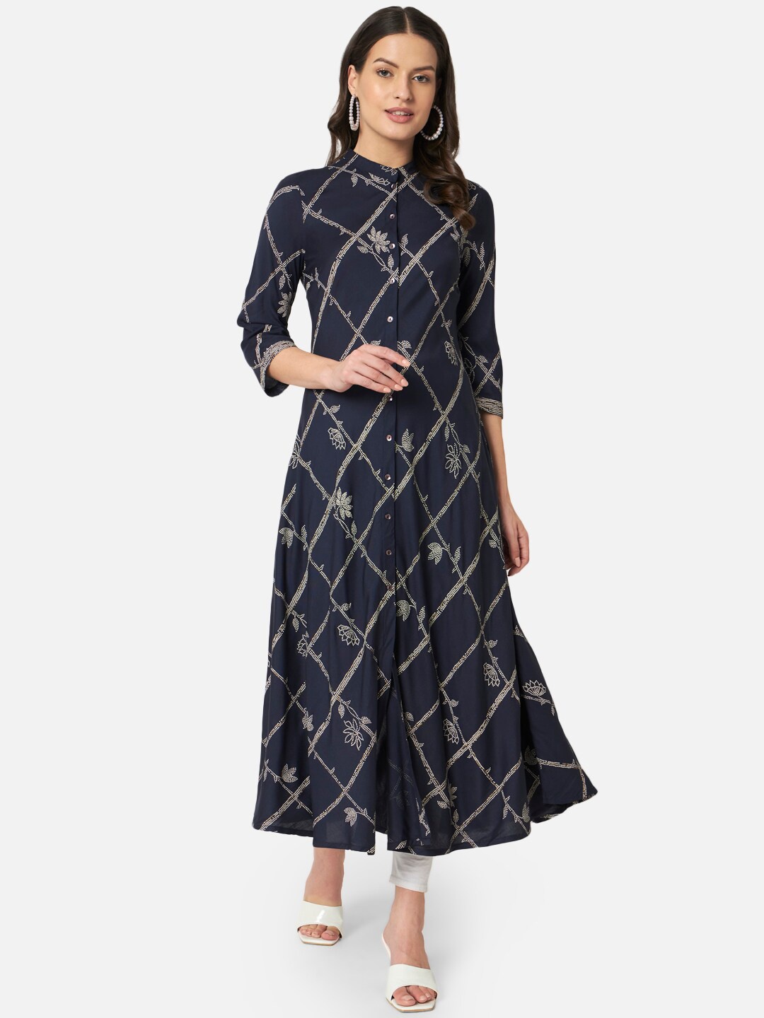 

BAESD Floral Printed Mandarin Collar A-Line Kurta, Navy blue