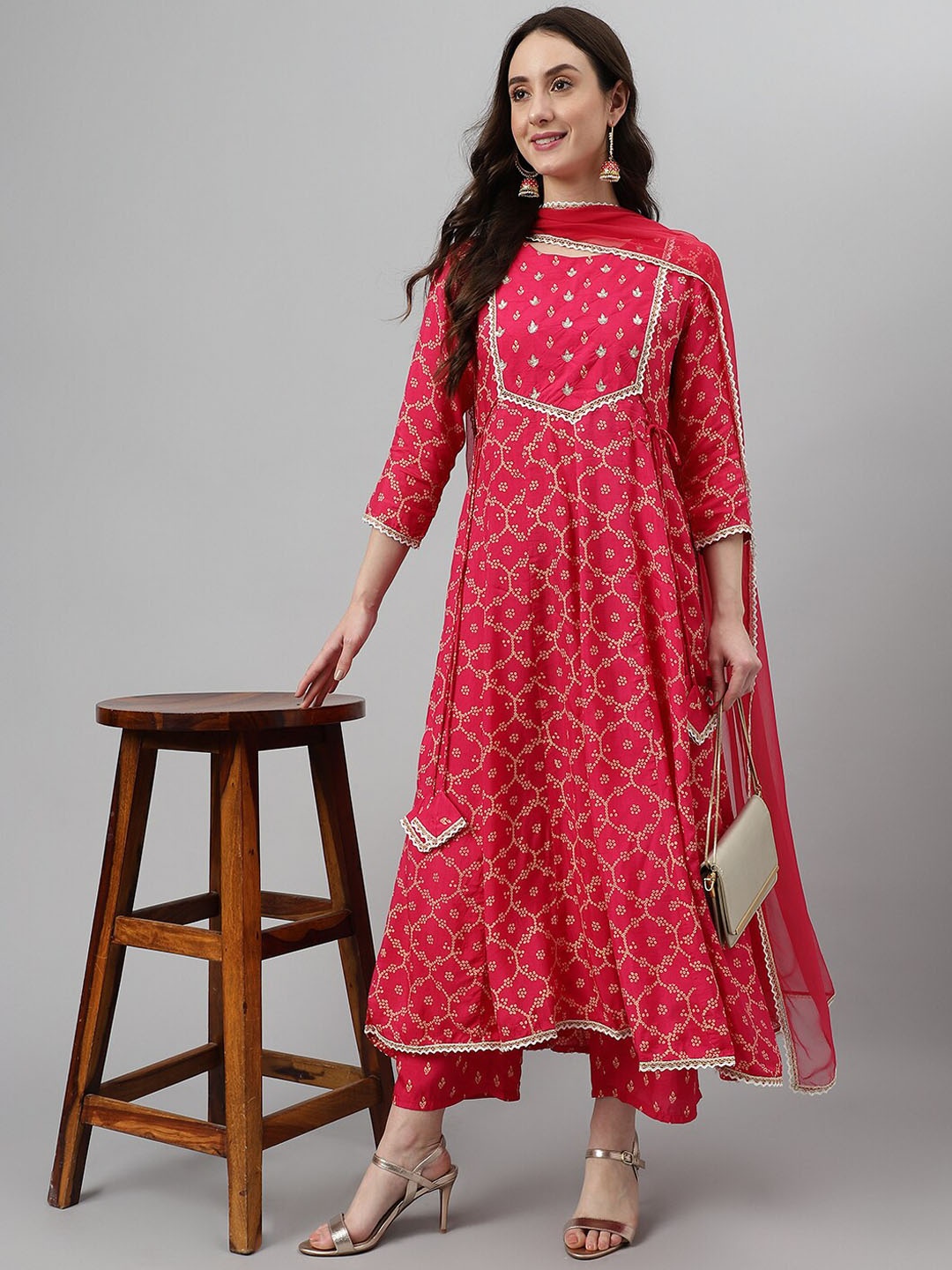 

Khushal K Bandhani Printed Regular A-Line Kurta with Trousers & With Dupatta, Pink