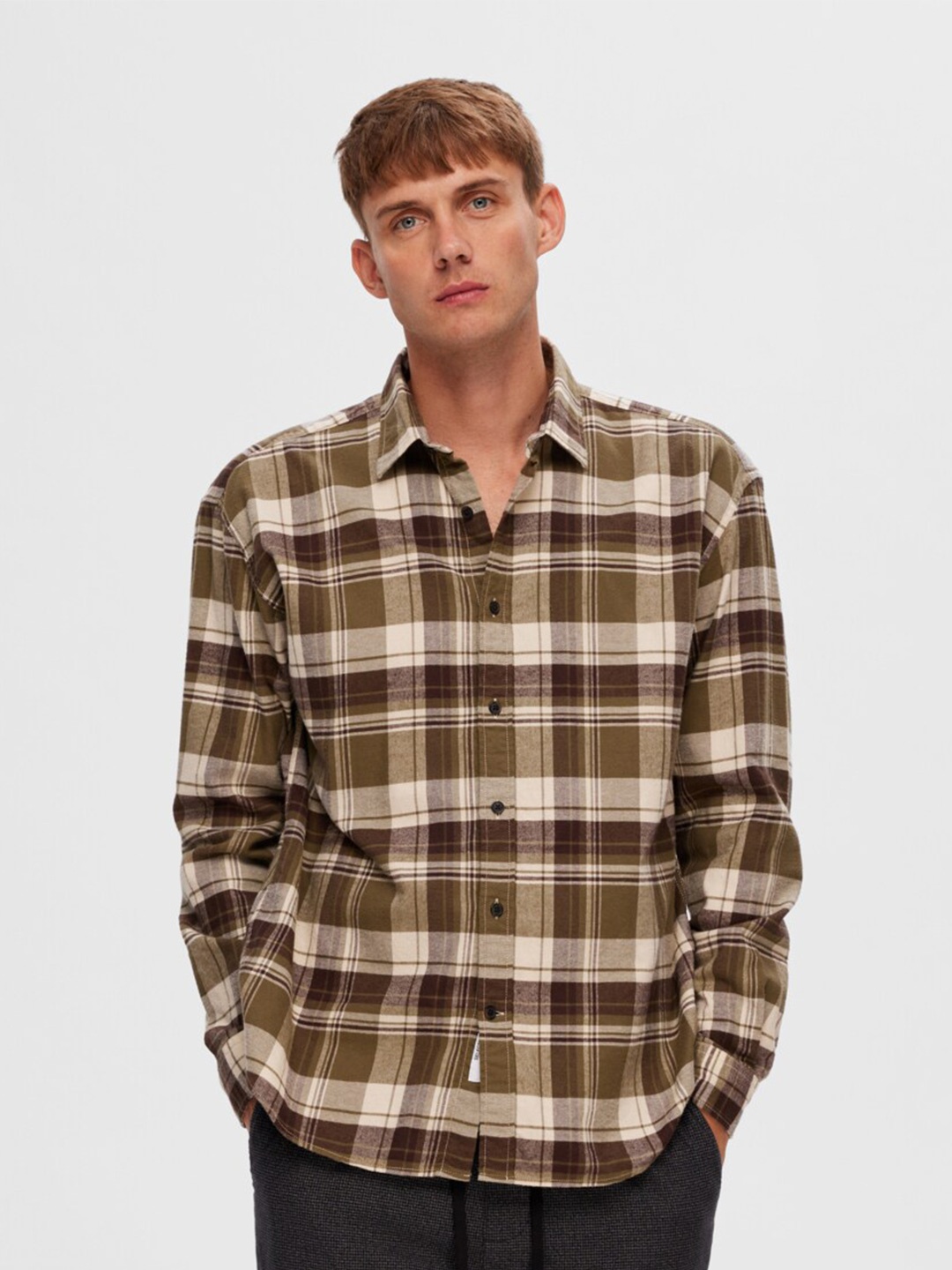 

SELECTED Tartan Checks Opaque Cotton Casual Shirt, Green