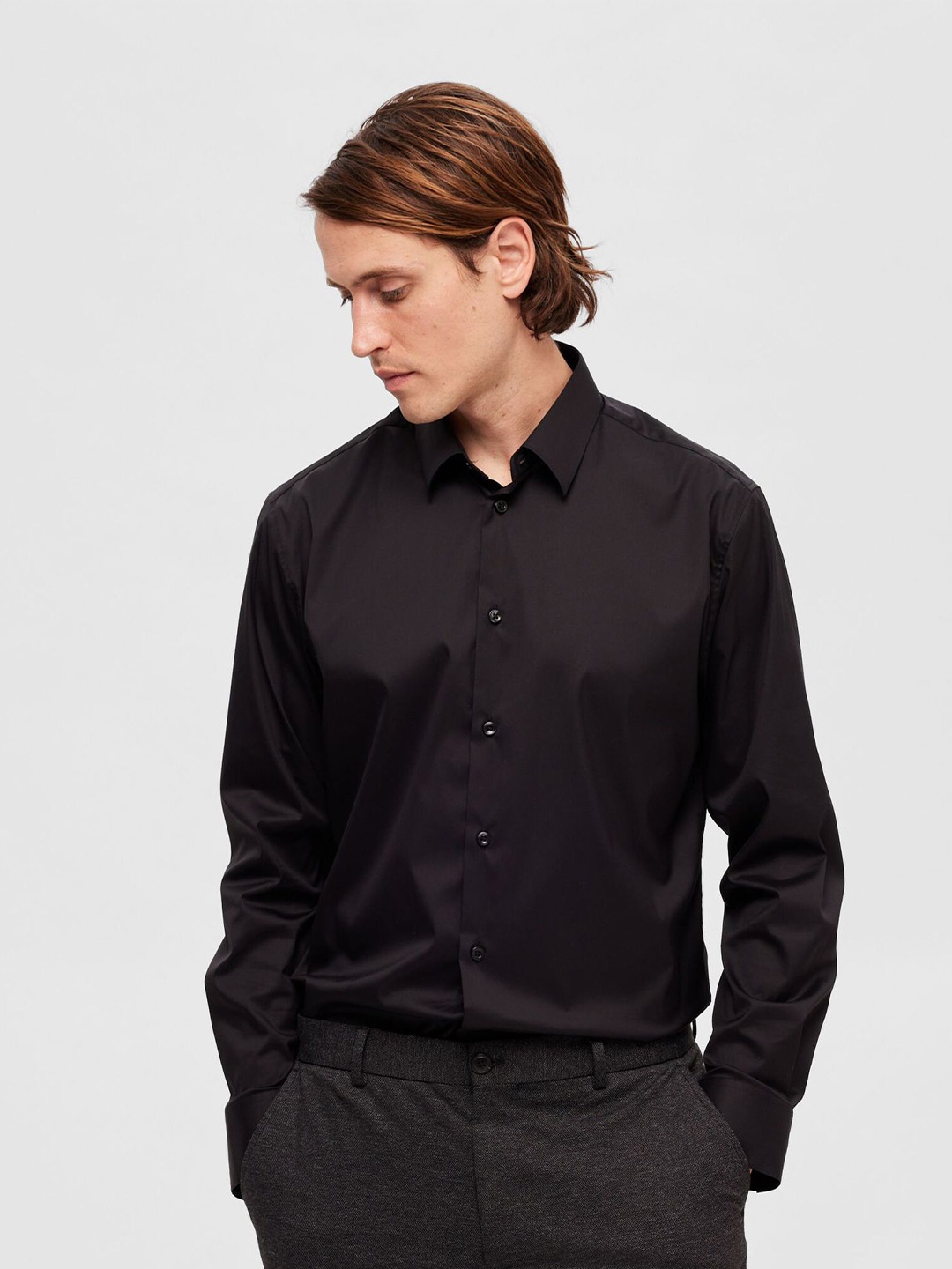 

SELECTED Slim Fit Spread Collar Opaque Cotton Formal Shirt, Black