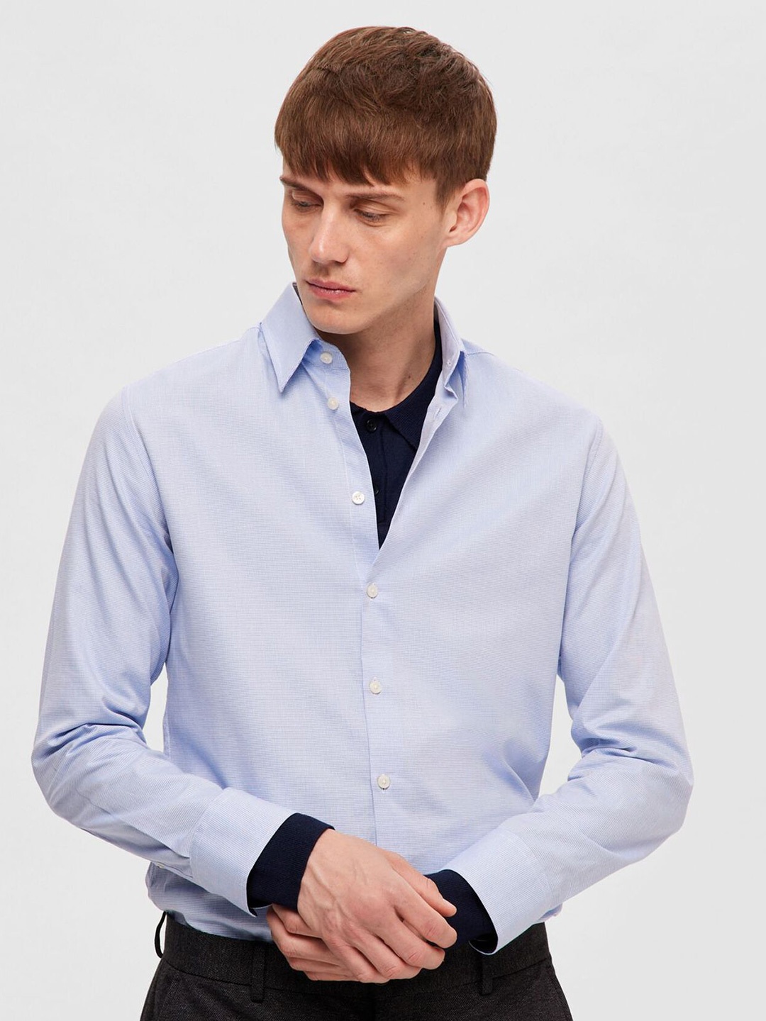 

SELECTED Spread Collar Opaque Slim Fit Cotton Formal Shirt, Blue