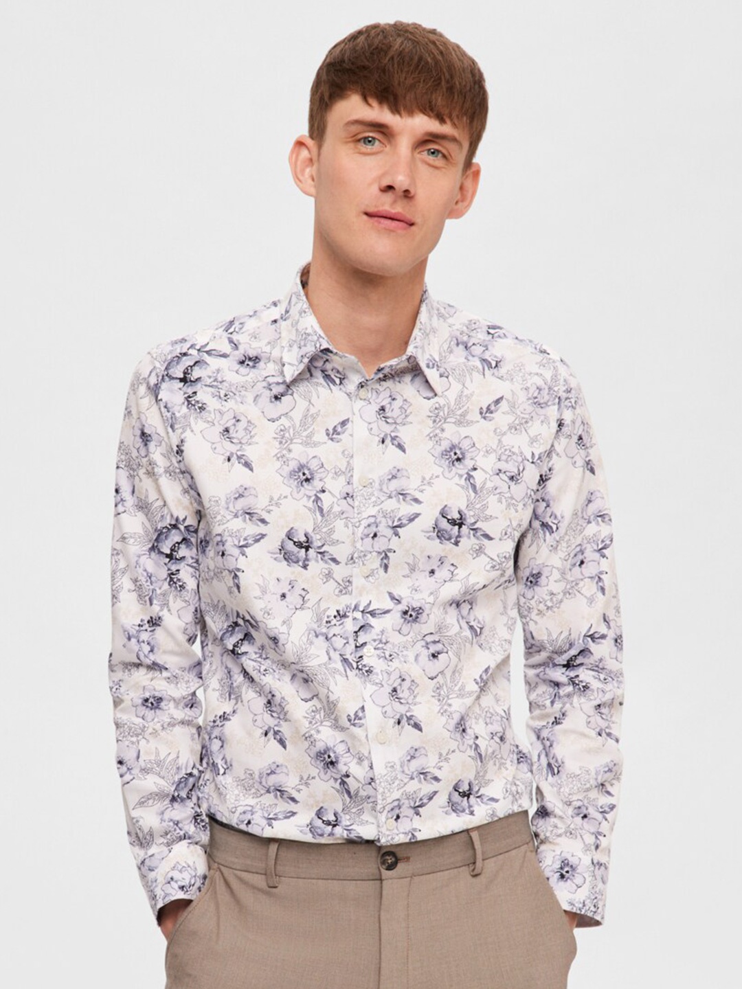 

SELECTED Slim Fit Floral Printed Cotton Casual Shirt, White