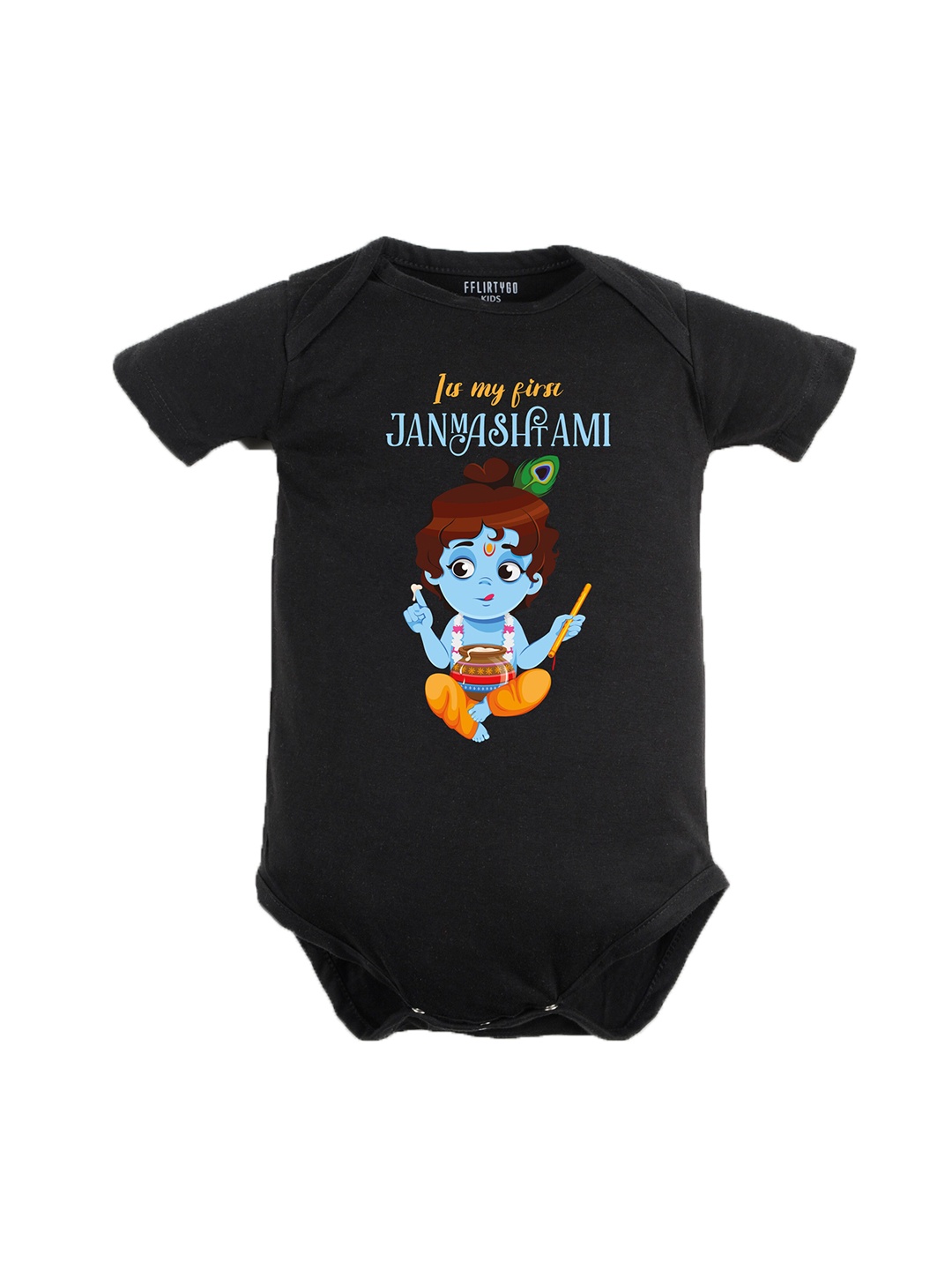 

FFLIRTYGO Infants Printed Baby Janmashtmi Special Pure Cotton Bodysuit, Black