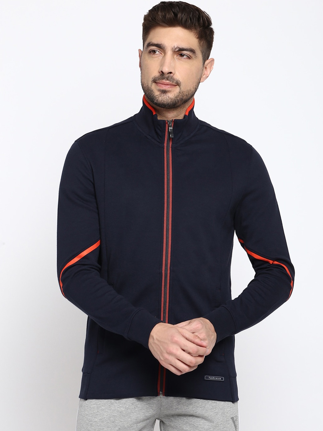 

Van Heusen Mock Collar Striped Cotton Sporty Jacket, Navy blue