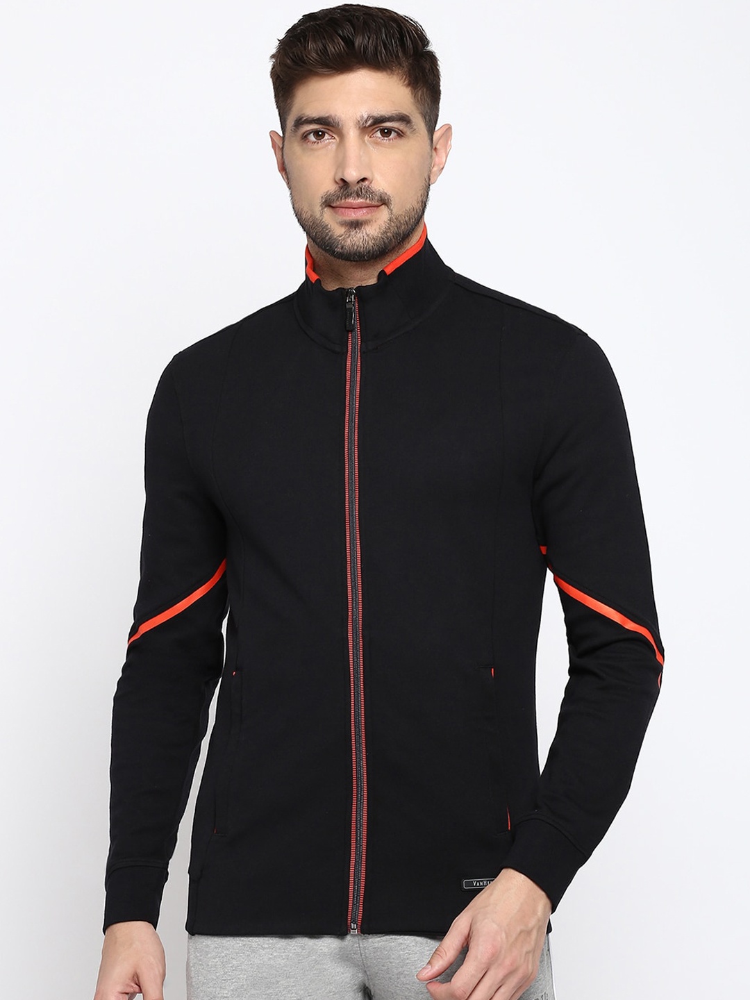 

Van Heusen Mock Collar Striped Cotton Sporty Jacket, Black