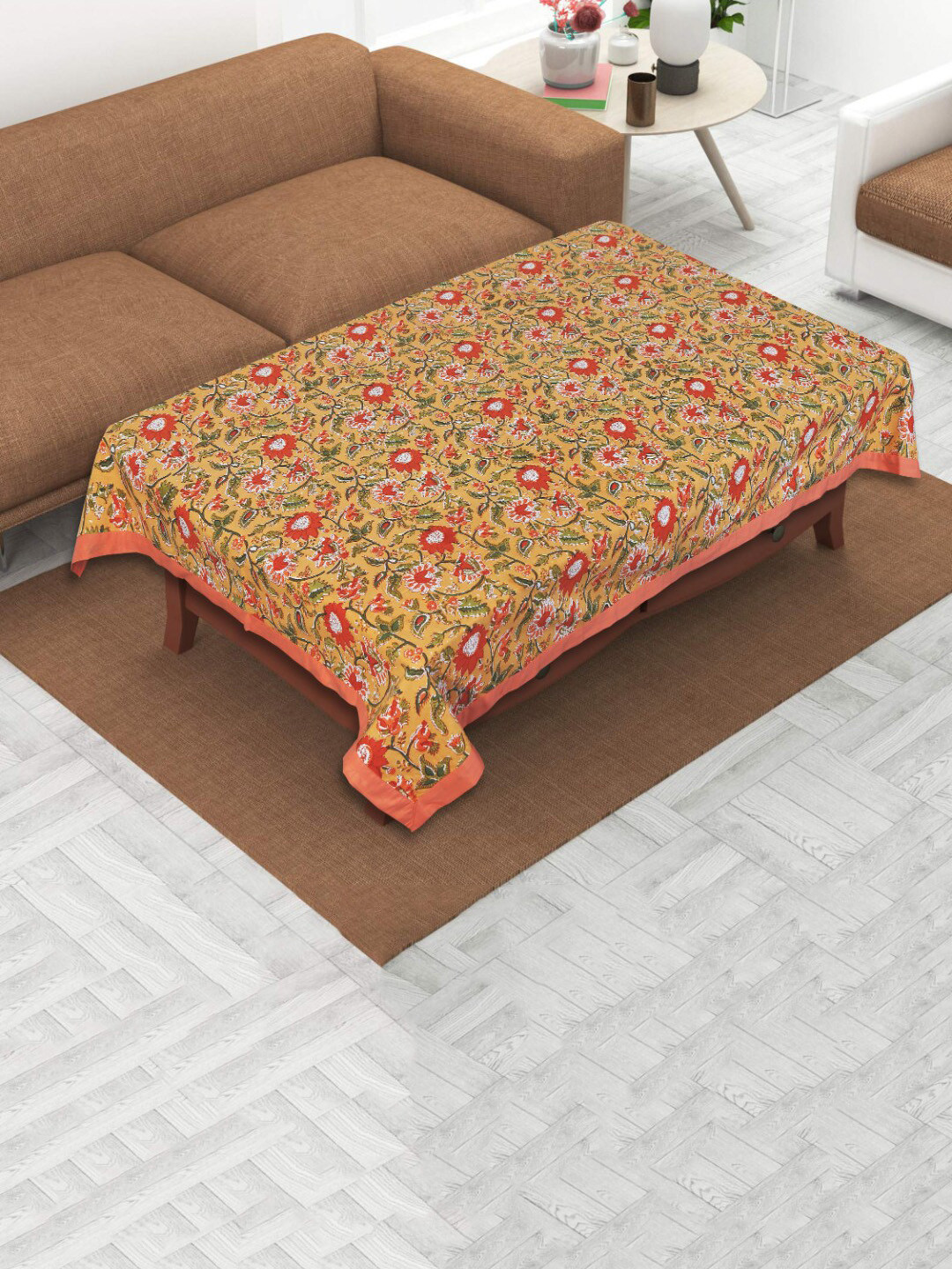 

INDHOME LIFE Yellow & Pink Floral Printed Pure Cotton 4 Seater Table Cover