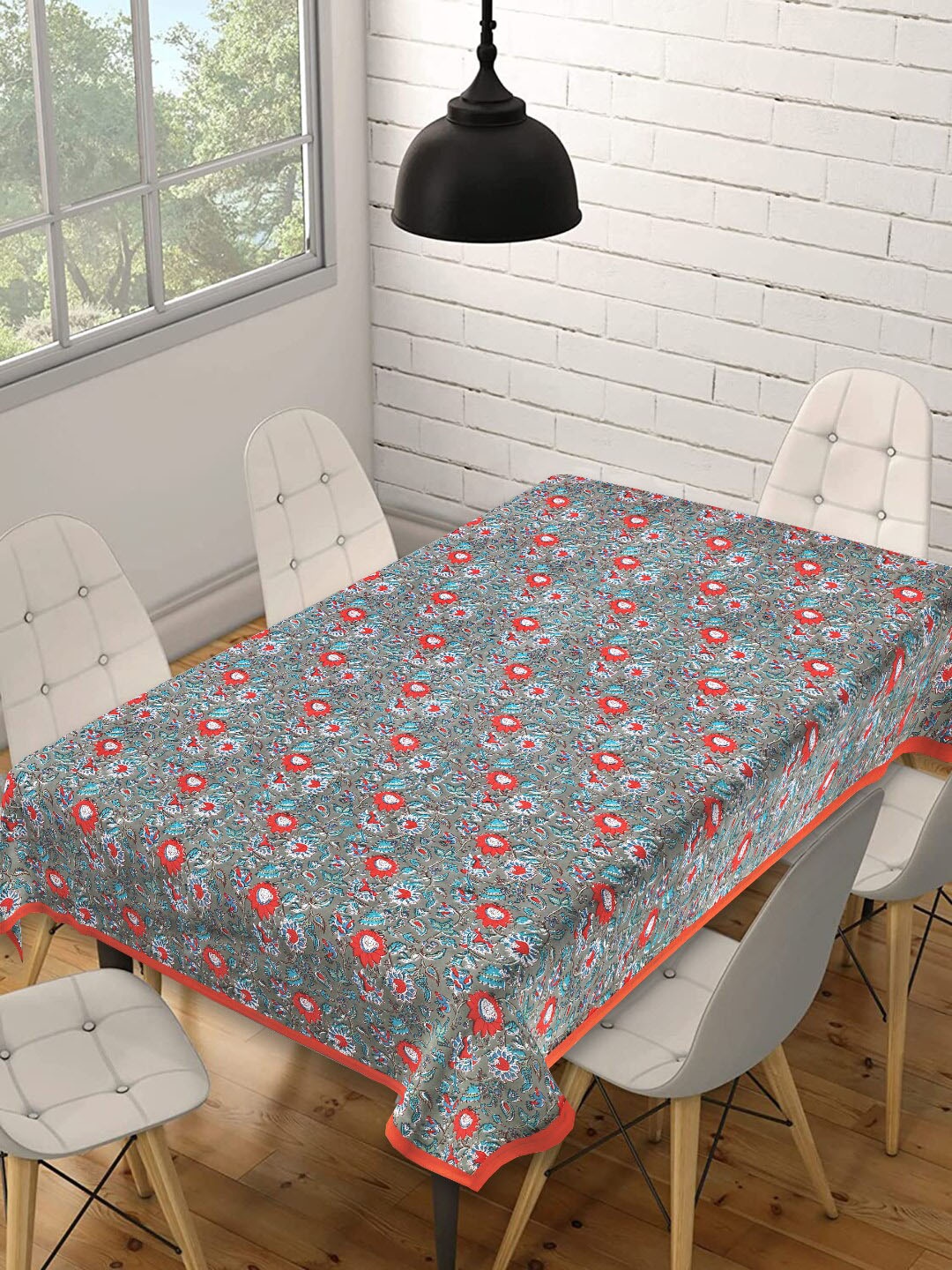 

INDHOME LIFE Grey & Red Printed Pure Cotton 6 Seater Table Cover