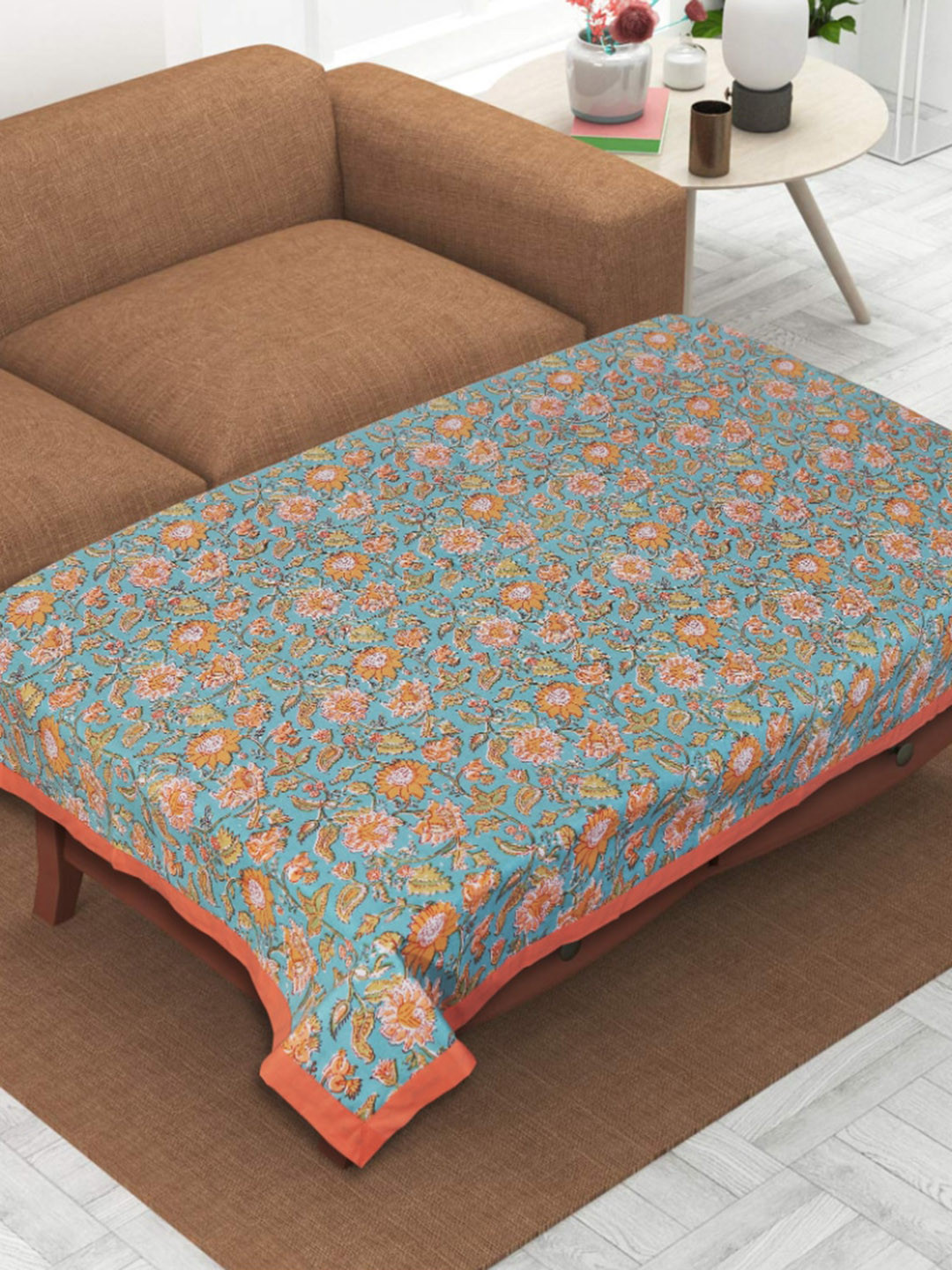 

INDHOME LIFE Blue & Orange-Coloured Printed Pure Cotton 4-Seater Table Cover