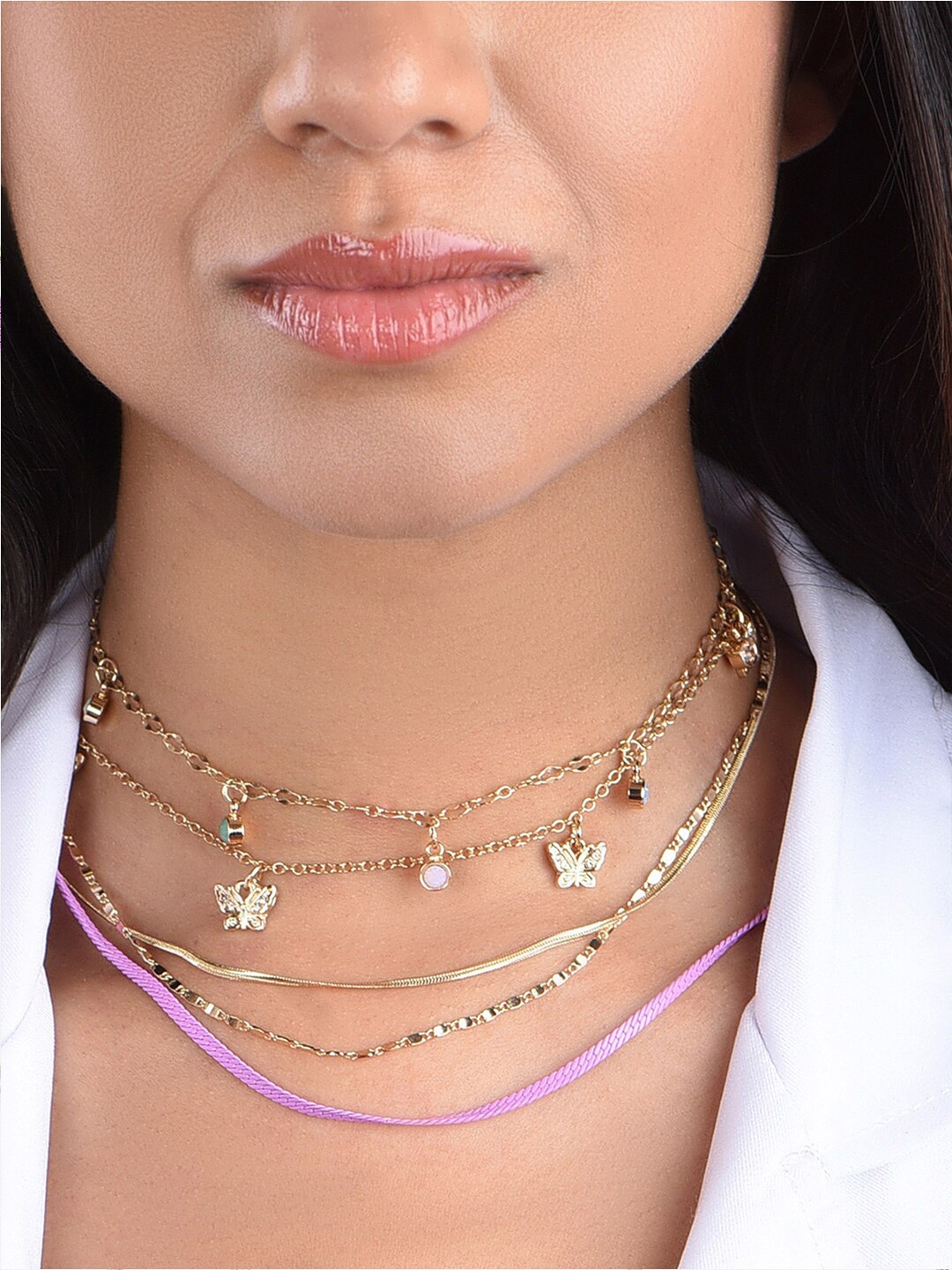 

ToniQ Set Of 4 Gold-Plated Stone Studded Choker Necklace
