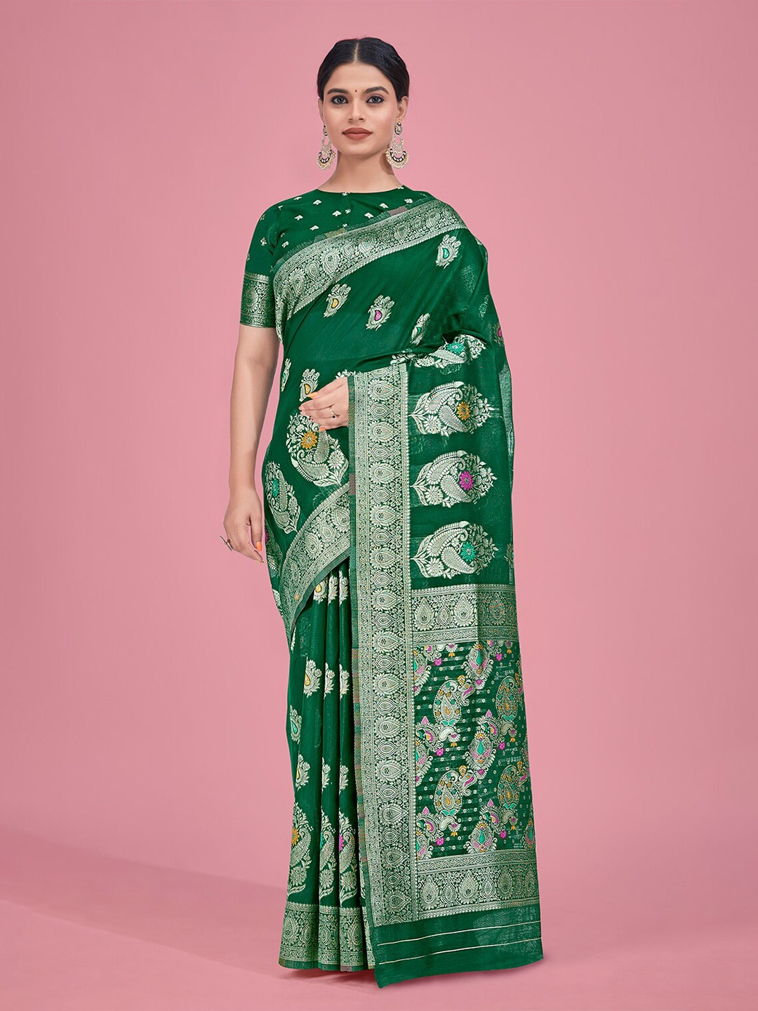 

MONJOLIKA FASHION Paisley Woven Design Zari Banarasi Saree, Green