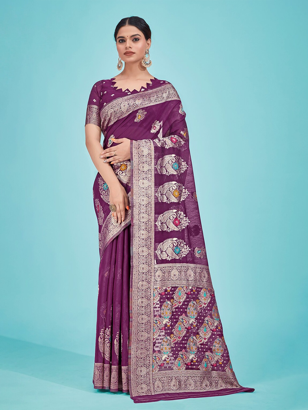 

MONJOLIKA FASHION Ethnic Motif Zari Banarasi Saree With Blouse Piece, Purple