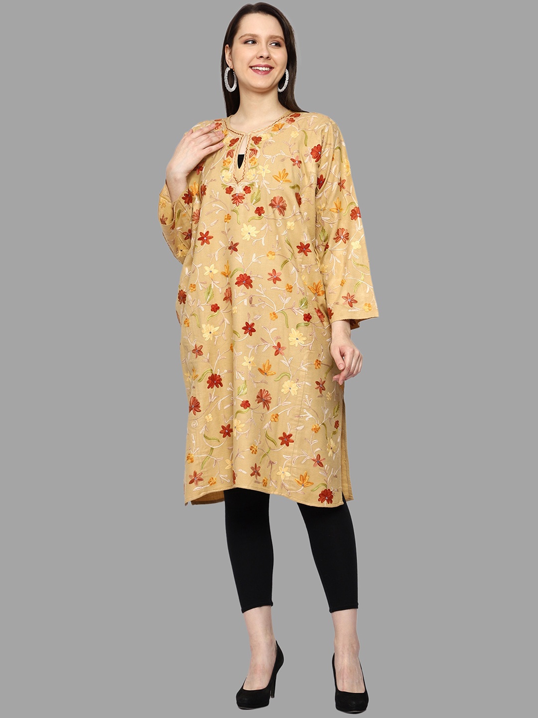 

CRAFTBAZAR Floral Printed Keyhole Neck Flared Sleeves Thread Work Woollen Kurta, Camel brown