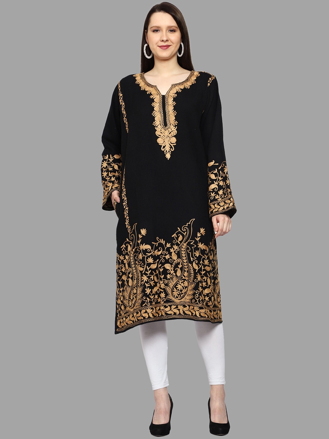 

CRAFTBAZAR Ethnic Motifs Embroidered Flared Sleeves Thread Work Woollen Kurta, Black
