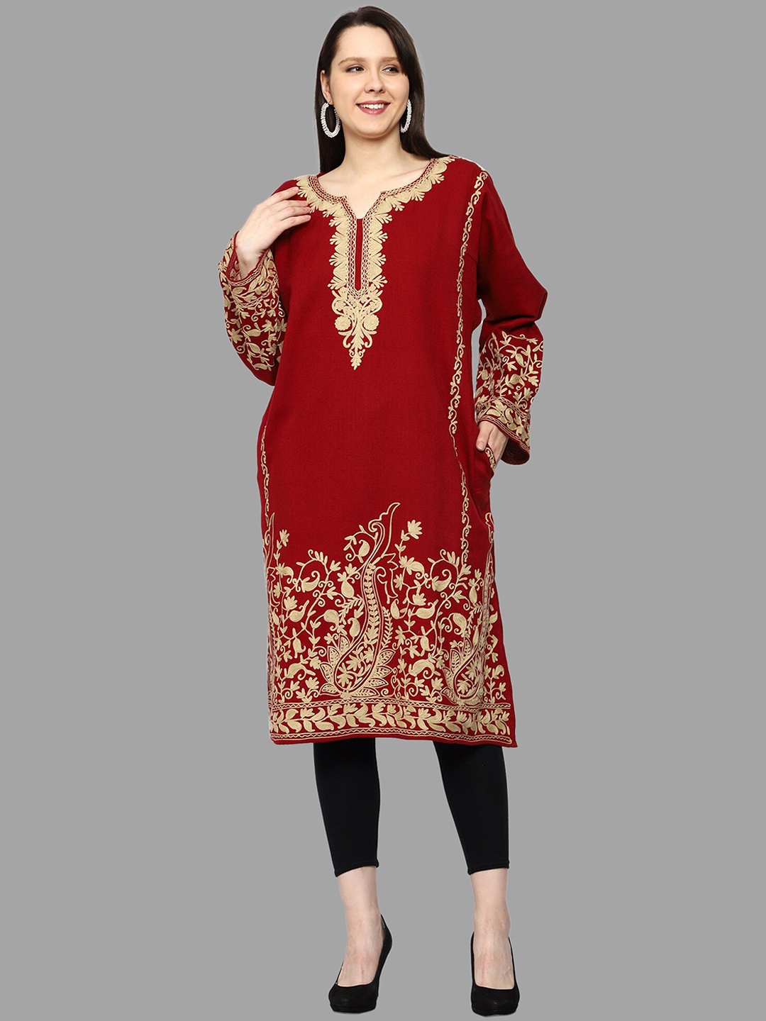 

CRAFTBAZAR Ethnic Motifs Embroidered Flared Sleeves Thread Work Woollen Kurta, Maroon