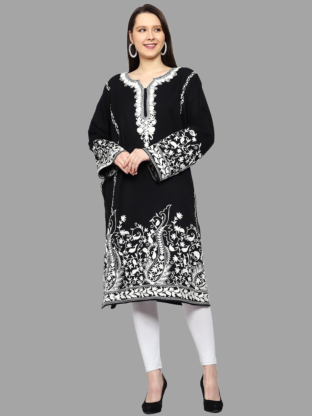 

CRAFTBAZAR Ethnic Motifs Embroidered Flared Sleeves Thread Work Woollen Kurta, Black