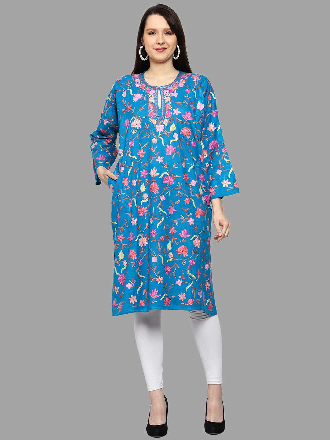 

CRAFTBAZAR Floral Embroidered Keyhole Neck Chikankari Woollen Kurta, Blue