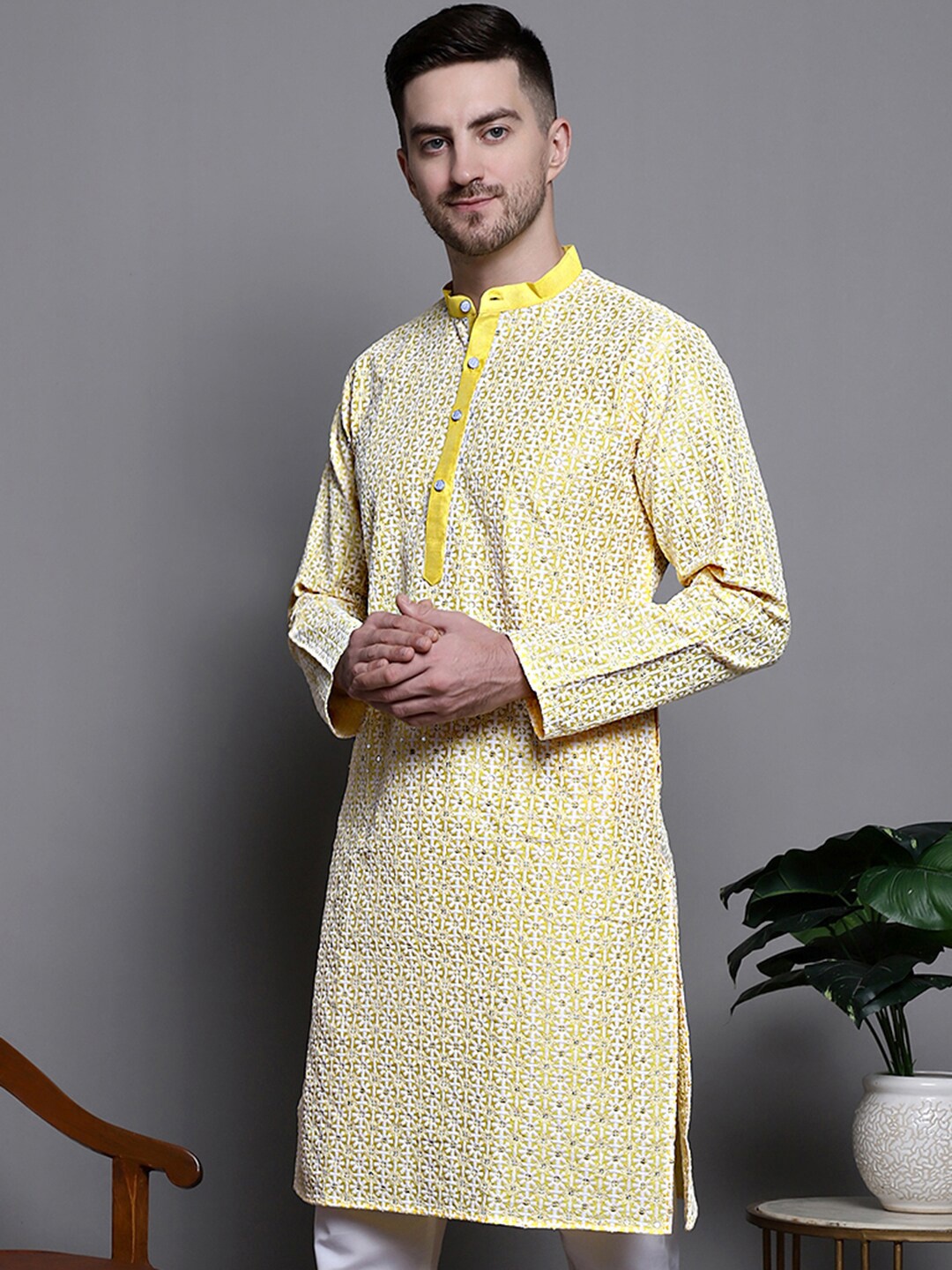 

Jompers Floral Embroidered Thread Work Sequinned Kurta, Yellow