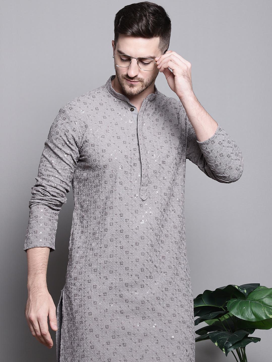 

Jompers Floral Embroidered Thread Work Sequinned Pure Cotton Kurta, Grey