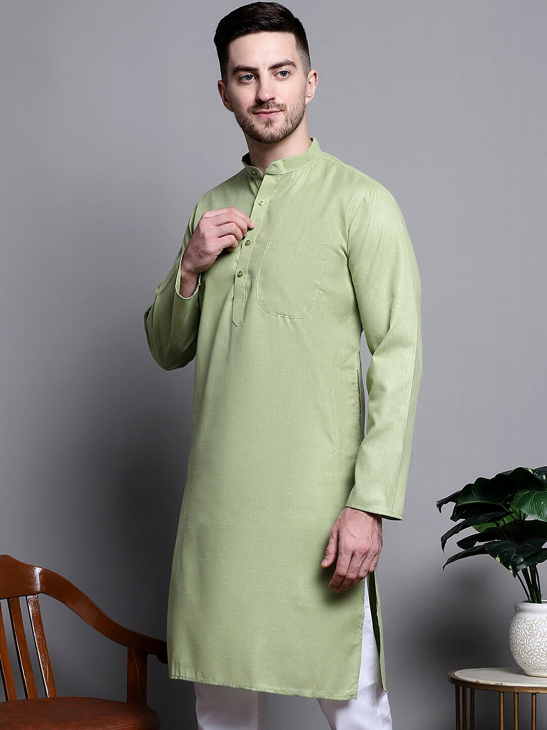 

Jompers Mandarin Collar Patch Pocket Straight Cotton Kurta, Green